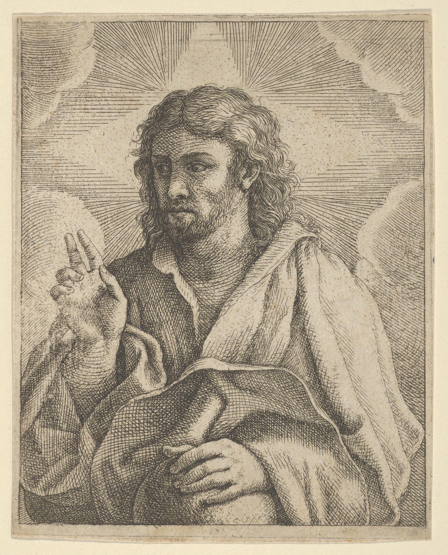 Christ holding a globe, looking to the left and making the sign of blessing with his right hand, clouds behind him, after Reni (?) by Anonymous