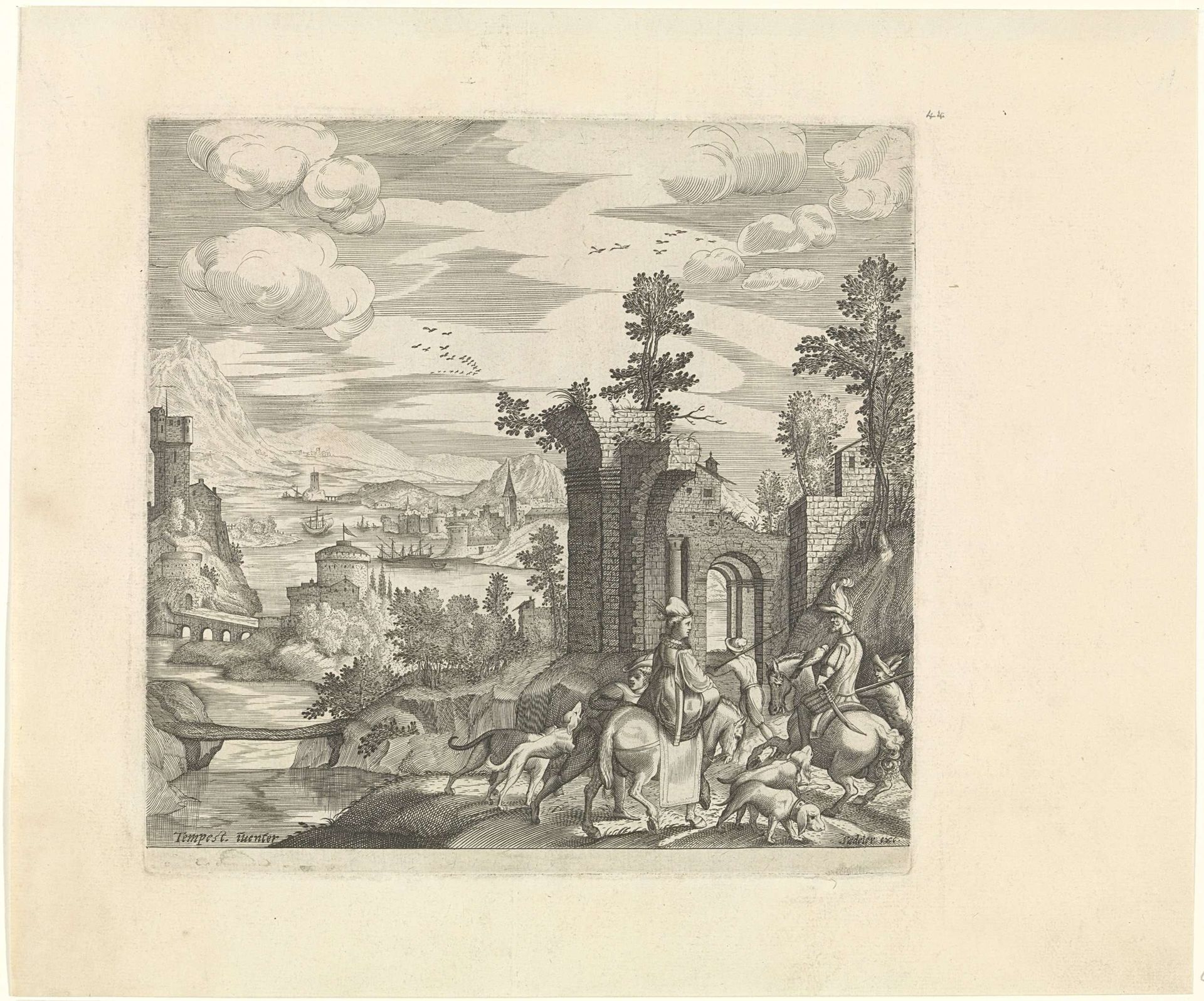 Landschap met jagers te paard by Johann Sadeler I