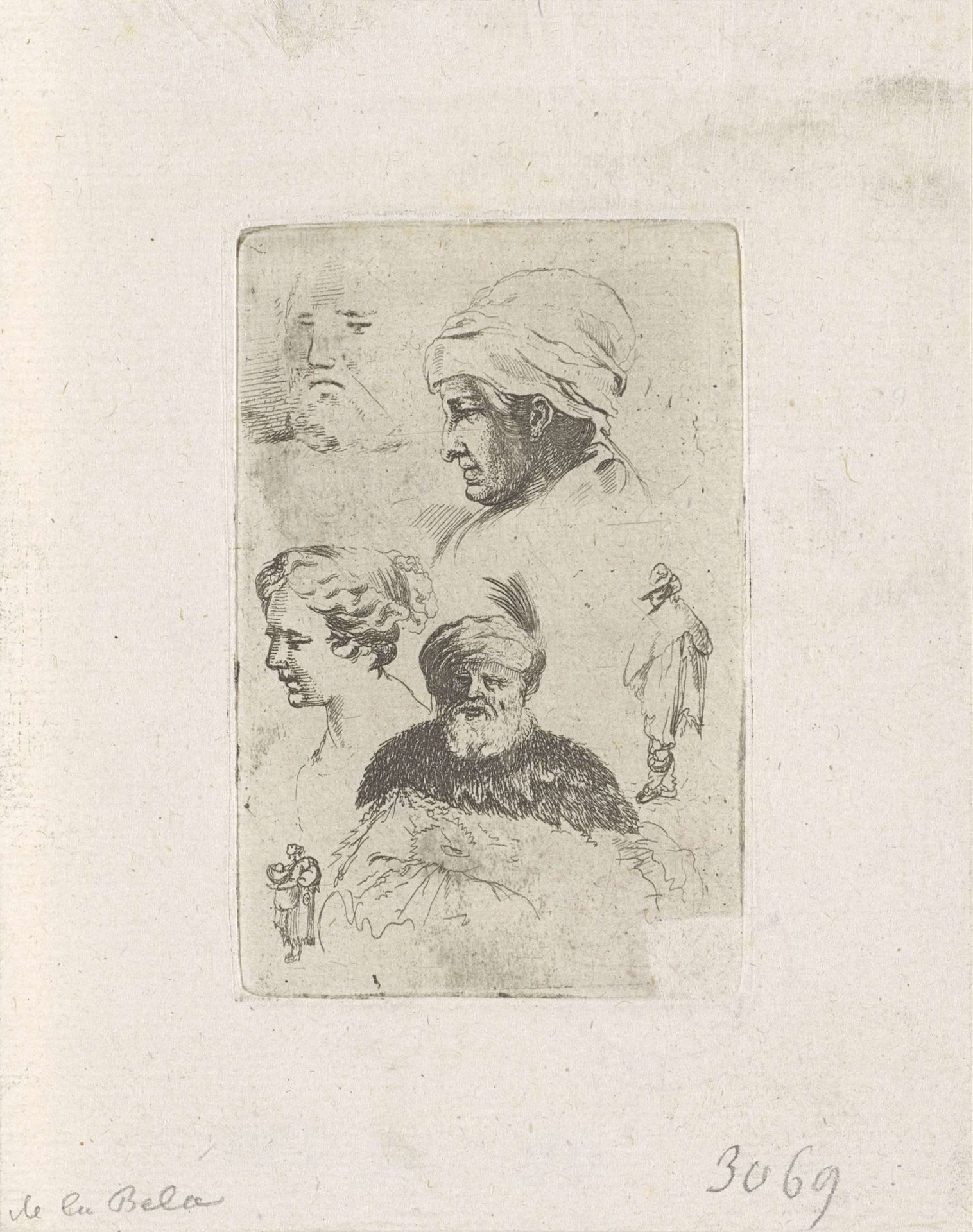 Vier studies van hoofden en twee staande figuren by Anonymous