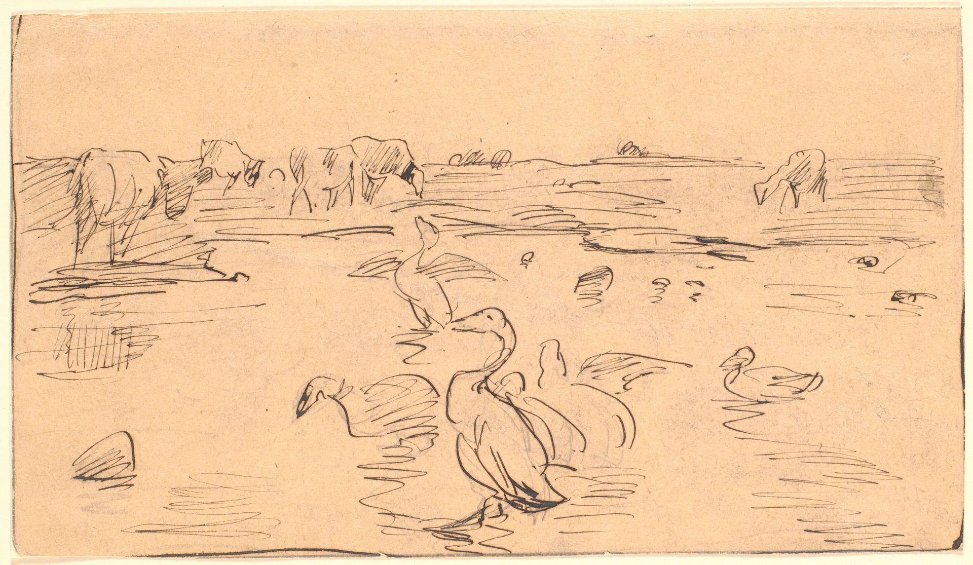 Vandhul med gæs og køer by Theodor Philipsen