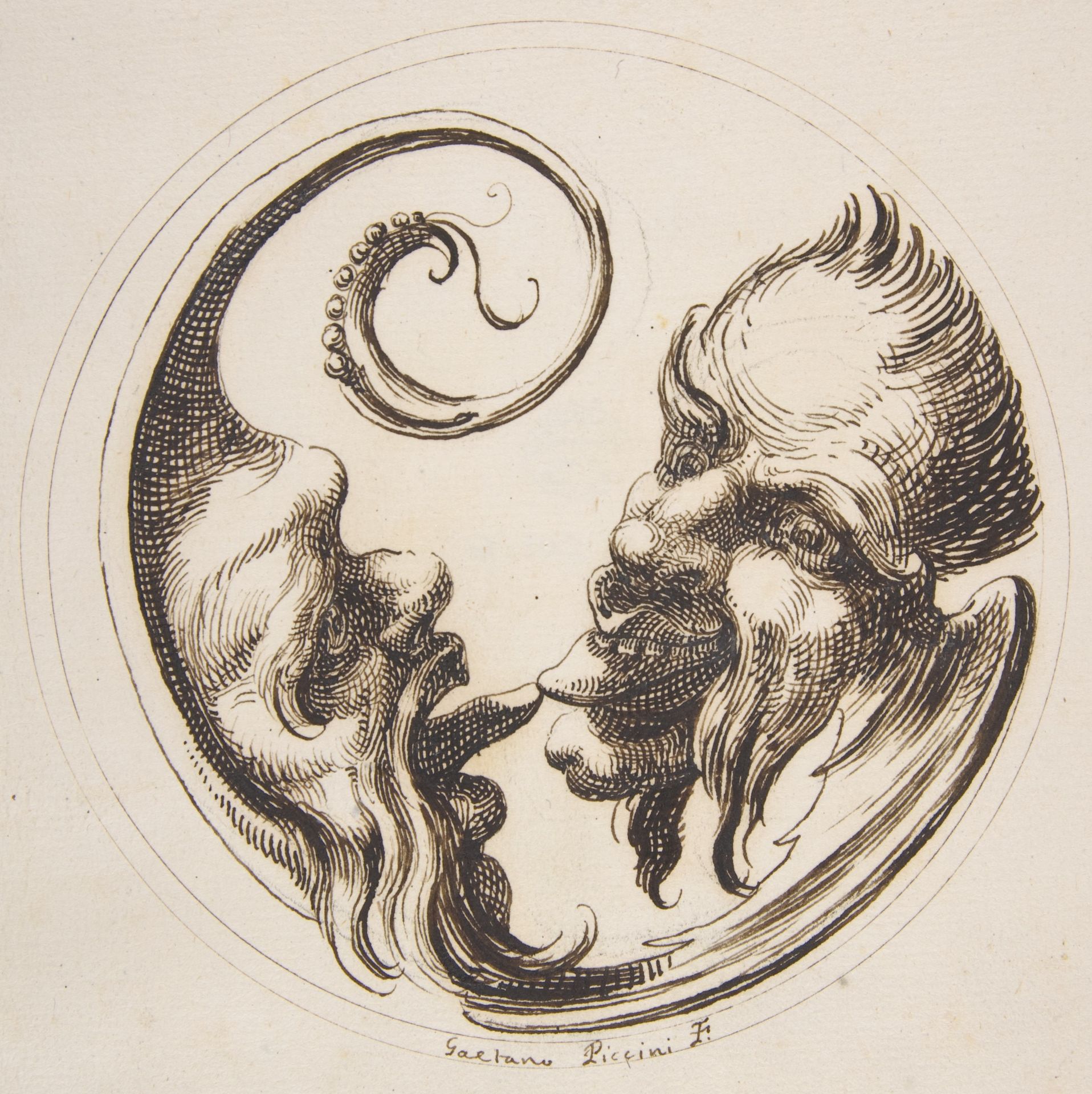 Two Grotesque Heads Facing One Another and Touching Tongues Within a Circle by Gaetano Piccini