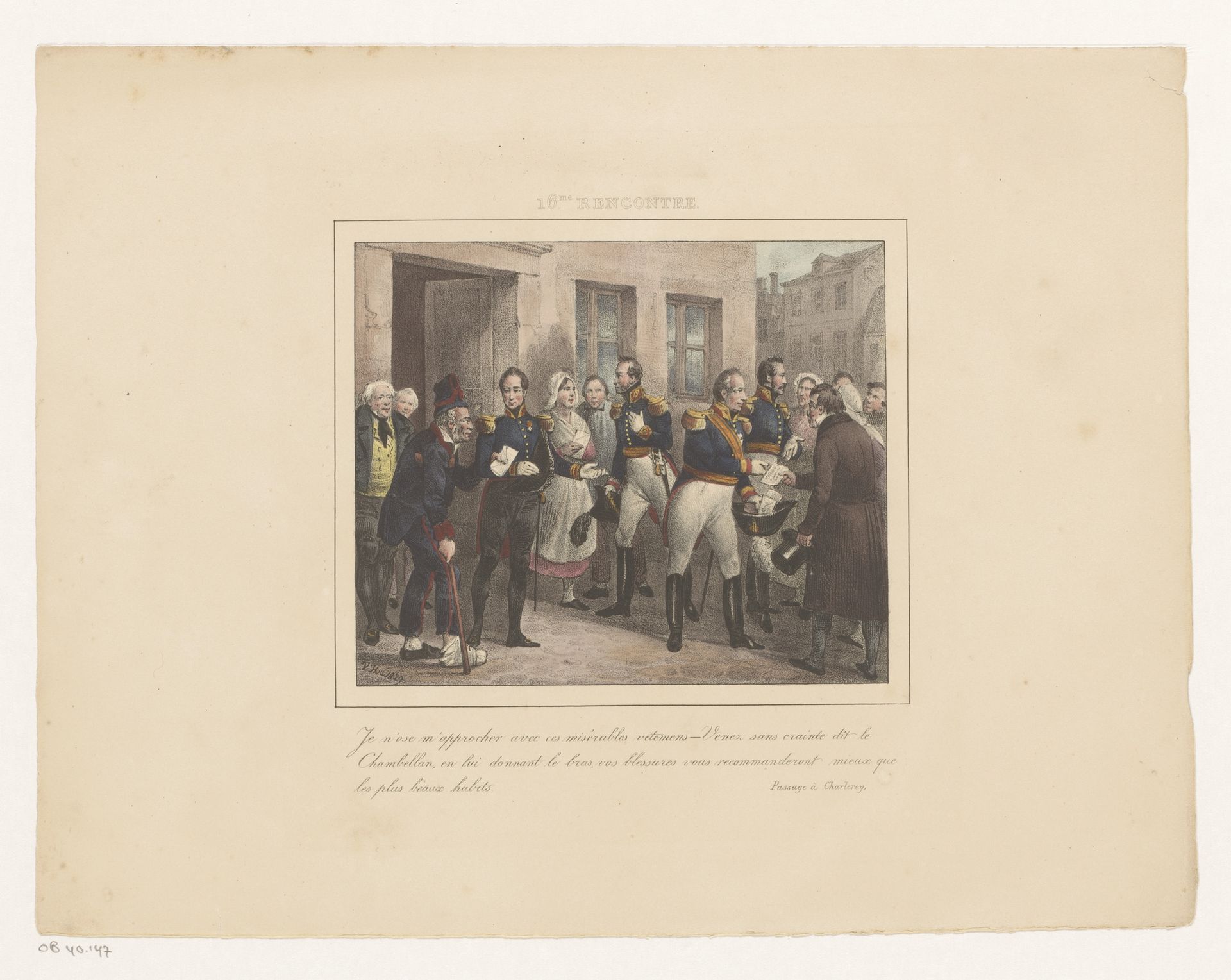 Een kamerheer brengt een invalide naar koning Willem I, 1829 by Jean-Louis Van Hemelryck