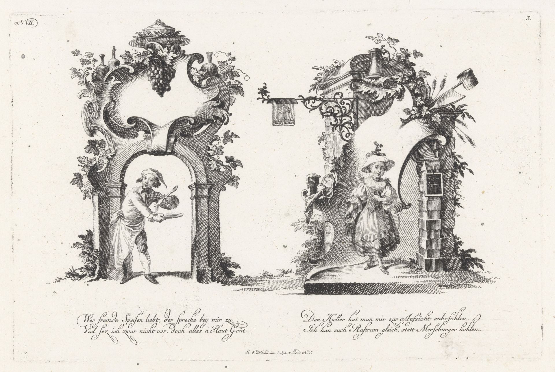 Poorten met een kok en een vrouw by Johann Esaias Nilson