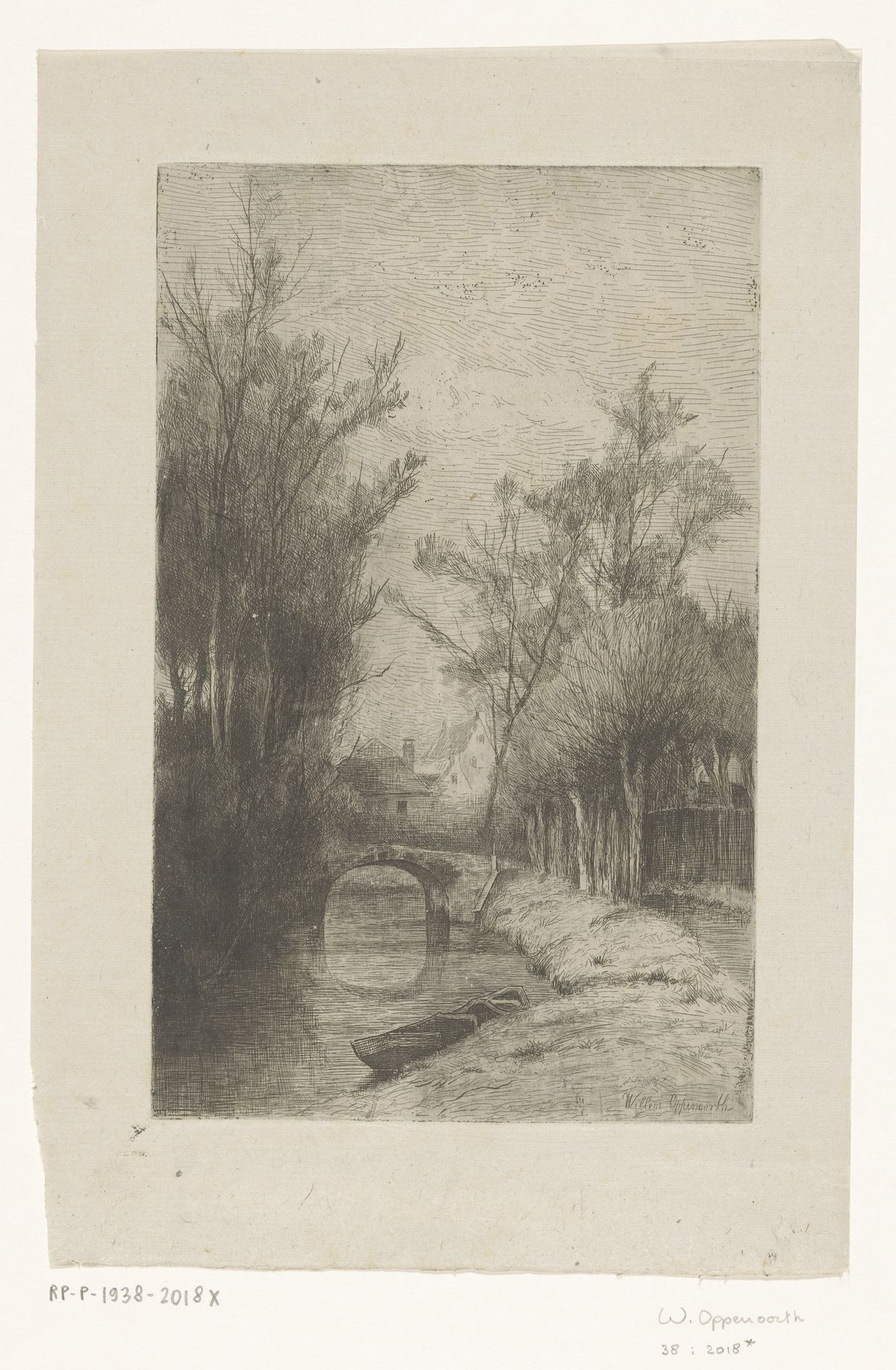 Landschap met brug over een sloot by Willem Oppenoorth
