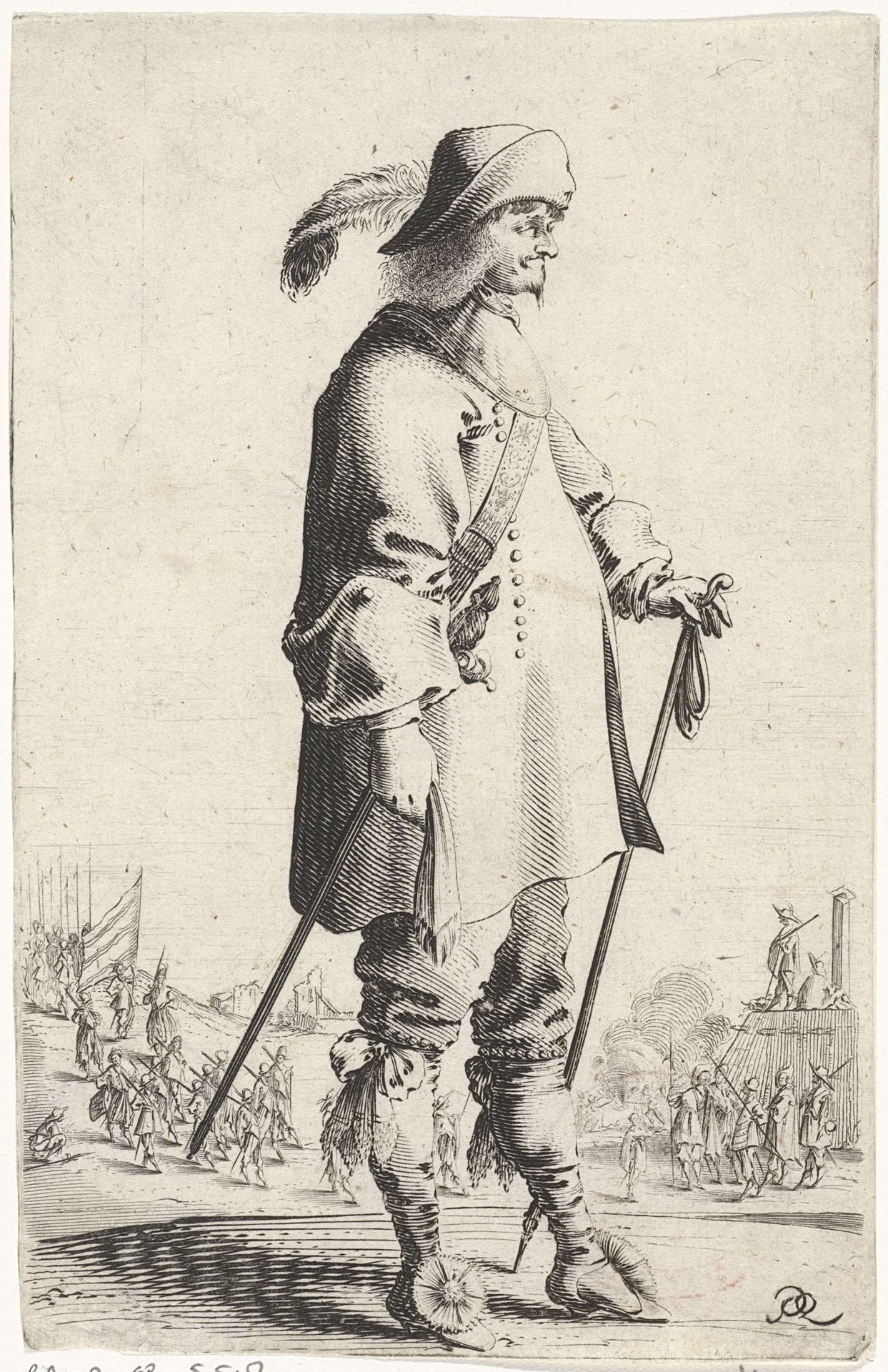Staande cavalier met stok, op de achtergrond strijdkrachten bij een bastion by Salomon Savery