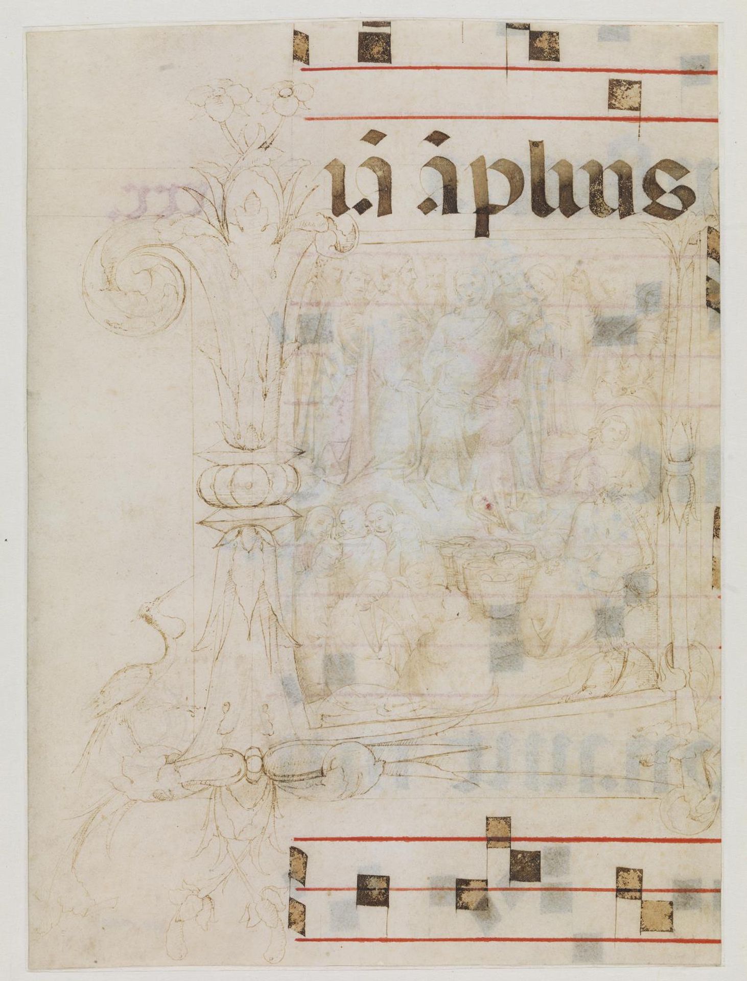 The miracle of the loaves and fishes in an initial L, fragments of text, and musical staves by Lorenzo Monaco
