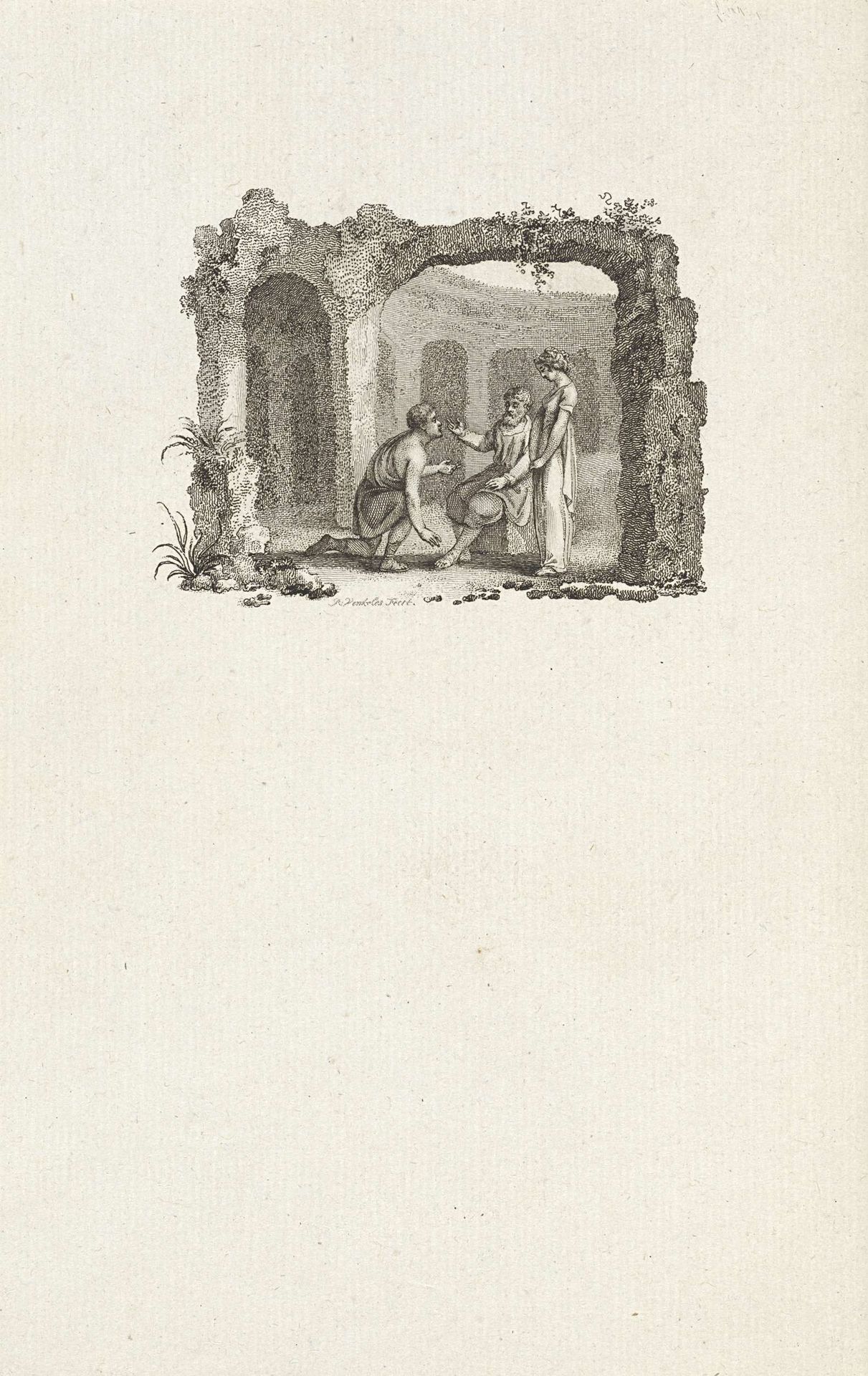 Drie figuren onder de boog van een ruïne by Reinier Vinkeles
