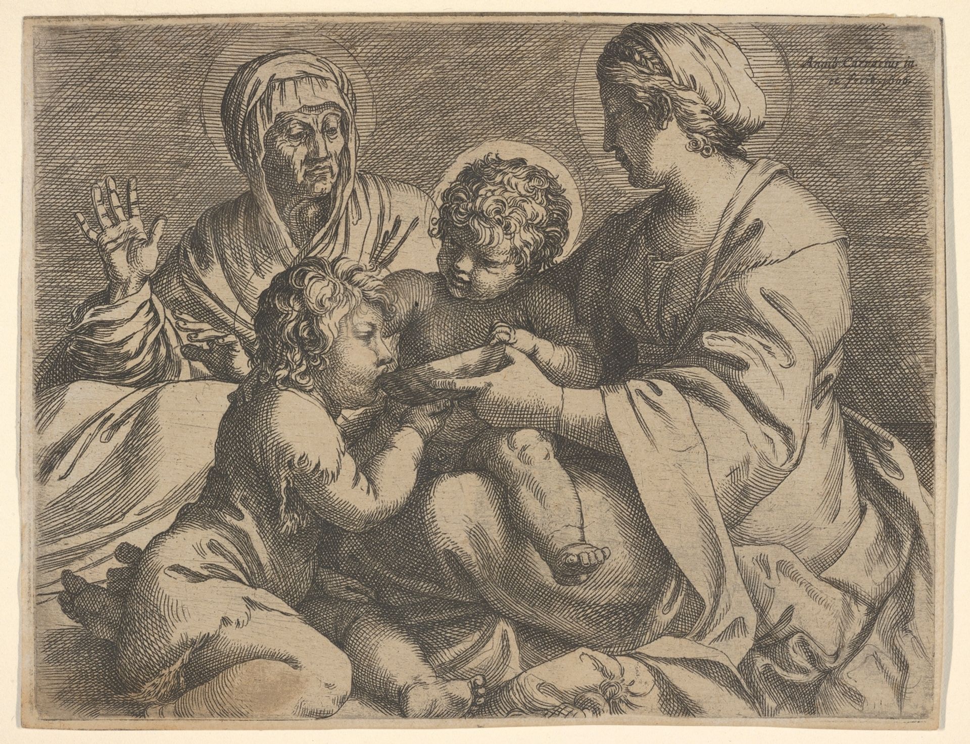 Madonna and Child with Saints Elizabeth and John the Baptist (Madonna della Scodella), the seated Mary and the infant Christ hold a cup from which the young Baptist drinks, Elizabeth lifts both hands by Annibale Carracci