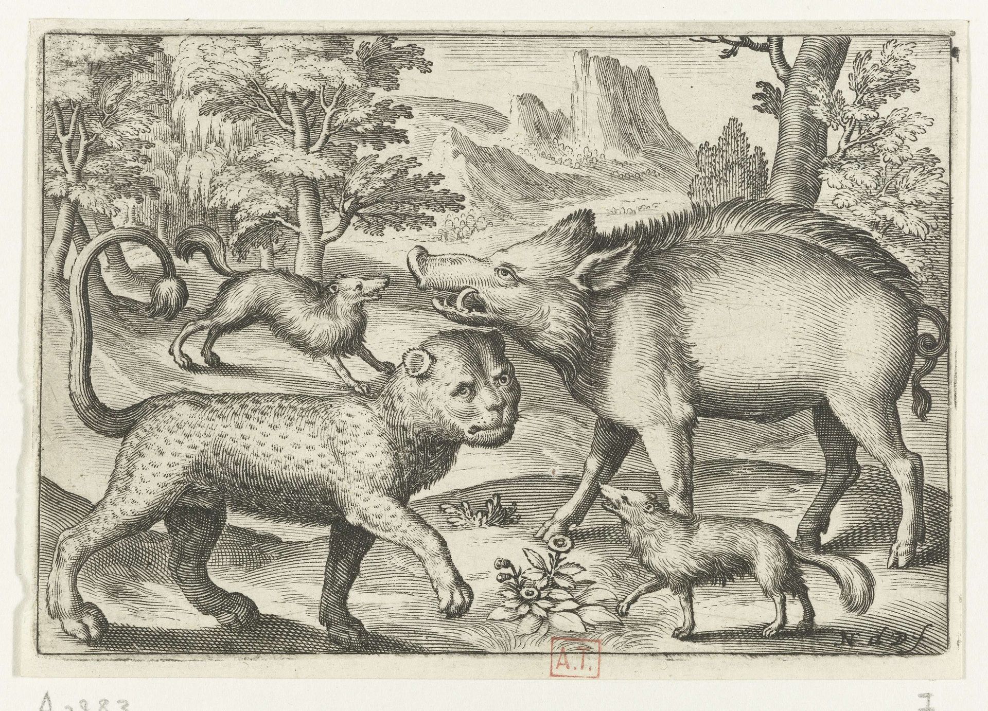 Luipaard, wild zwijn en twee honden by Nicolaes de Bruyn
