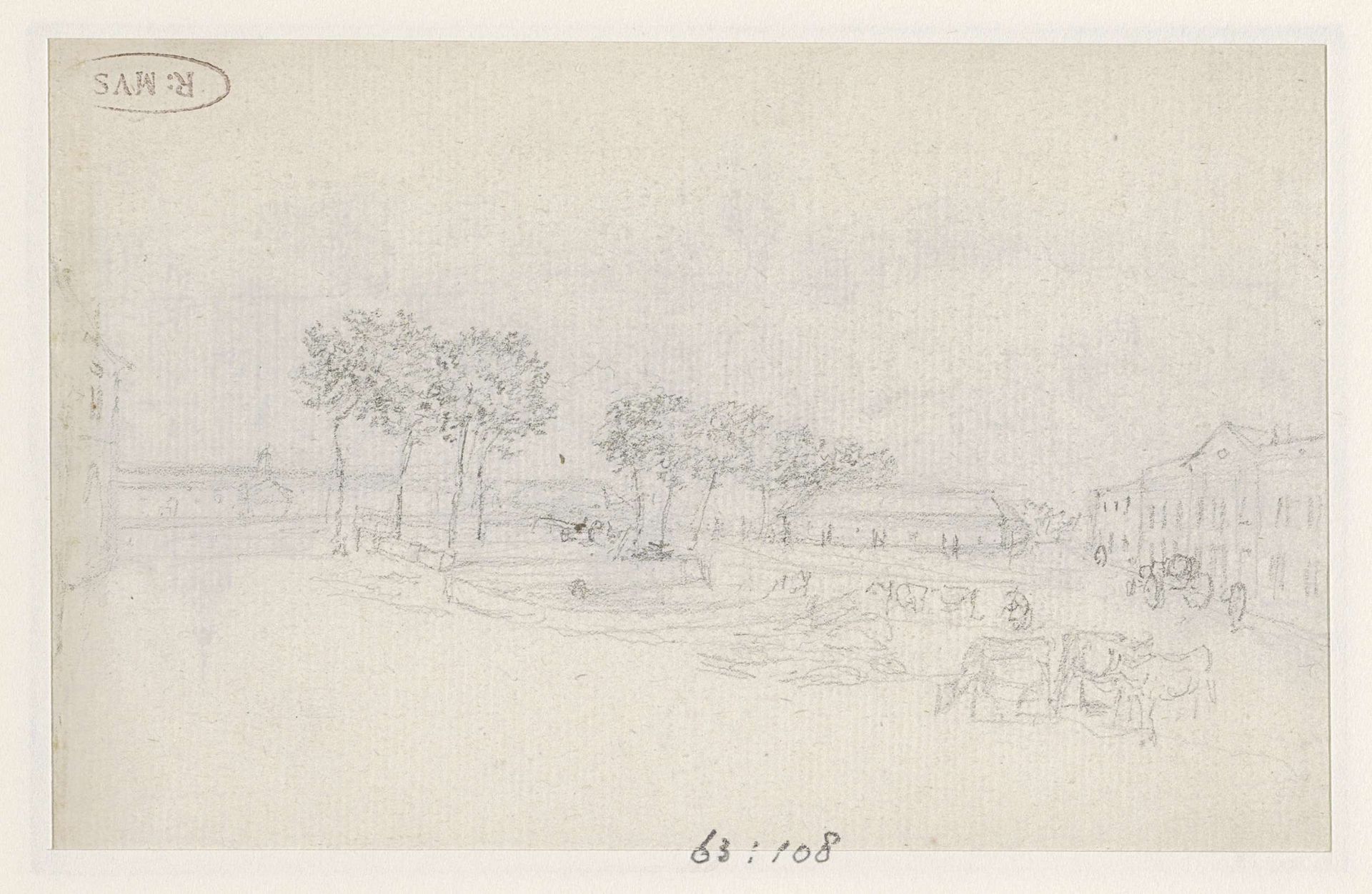Grote gebouwen en koeien op de voorgrond by Georges Michel
