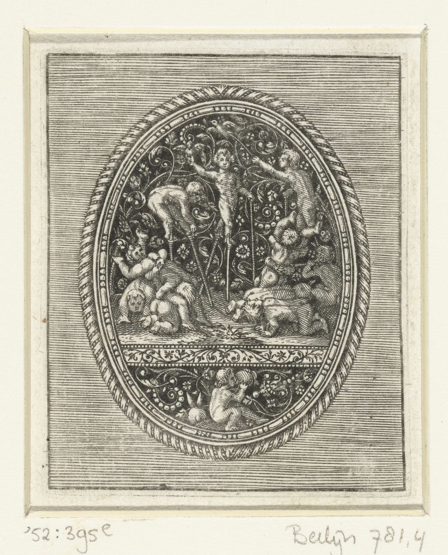 Ovaal medaillon met kinderen op stelten en worstelende kinderen by Antoine Jacquard