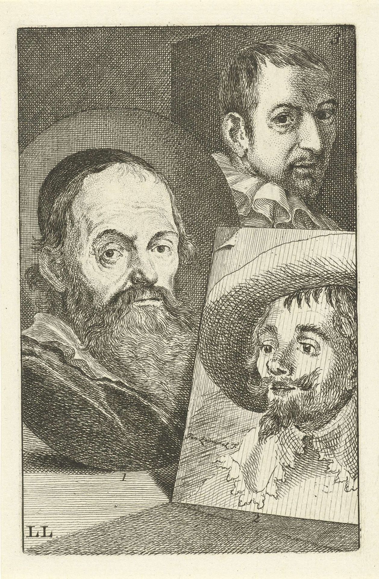 Portretten van Hendrick Goltzius, Hendrik Cornelisz Vroom en Cornelis Cornelisz. van Haarlem by Jan l' Admiral