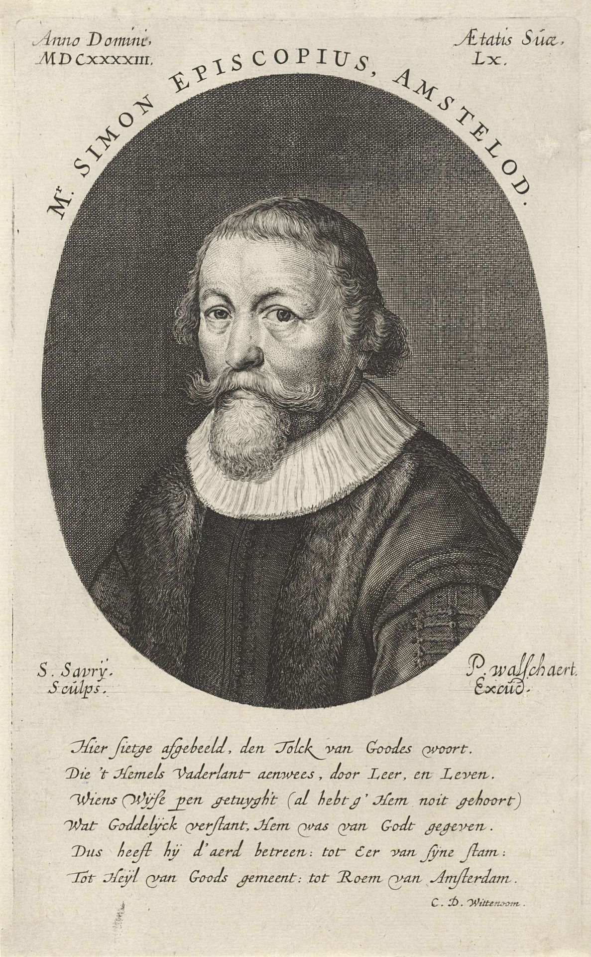 Portret van Simon Bisschop (Simon Episcopius), theoloog by Salomon Savery