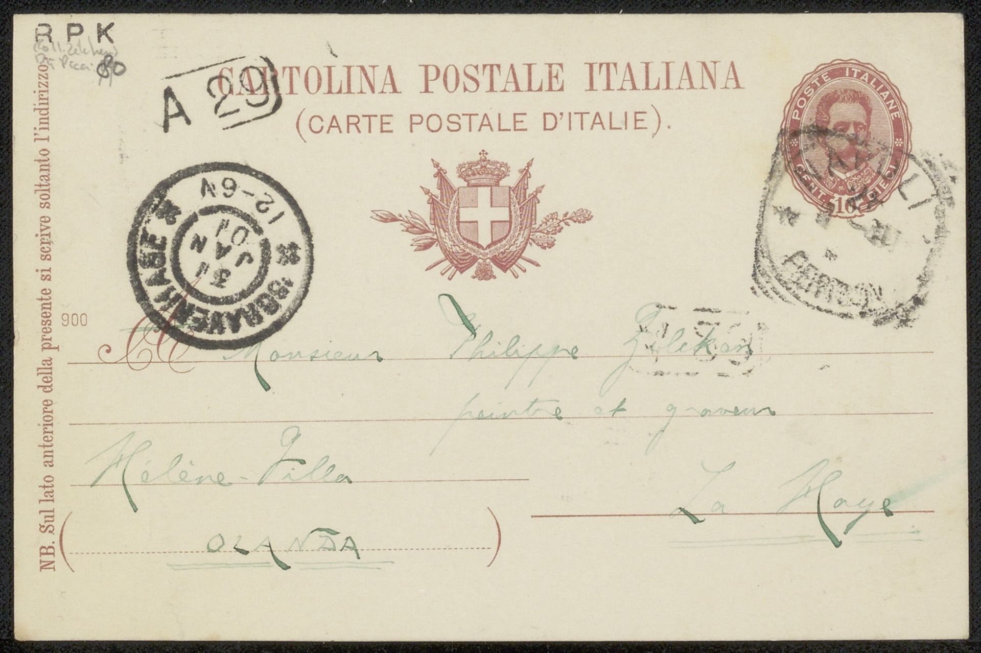 Briefkaart aan Philip Zilcken by Vittorio Pica