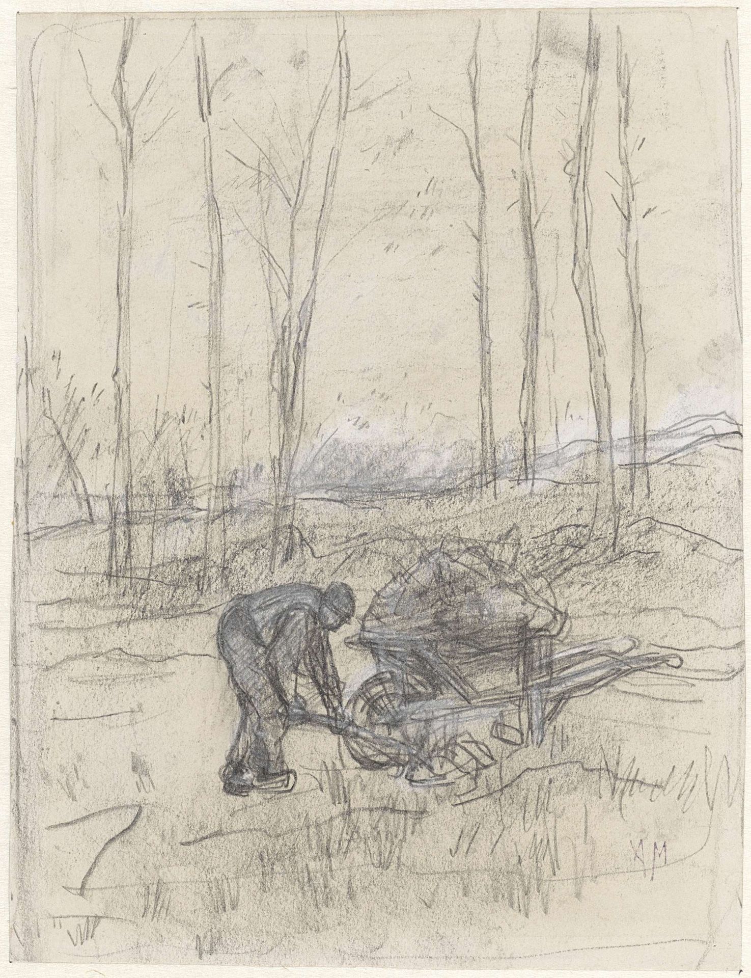 Boer aan het werk met een kruiwagen in het bos by Anton Mauve
