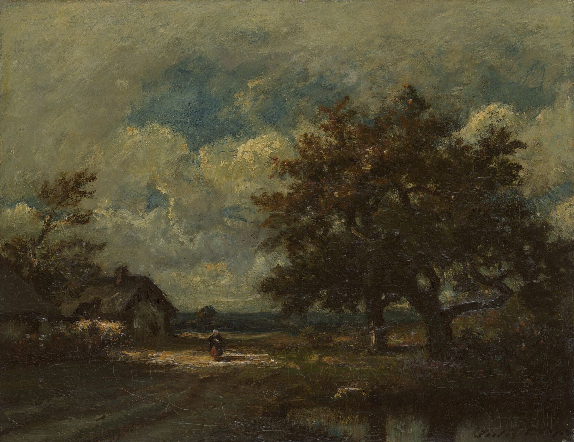 The Cottage by the Roadside, Stormy Sky by Jules Dupre