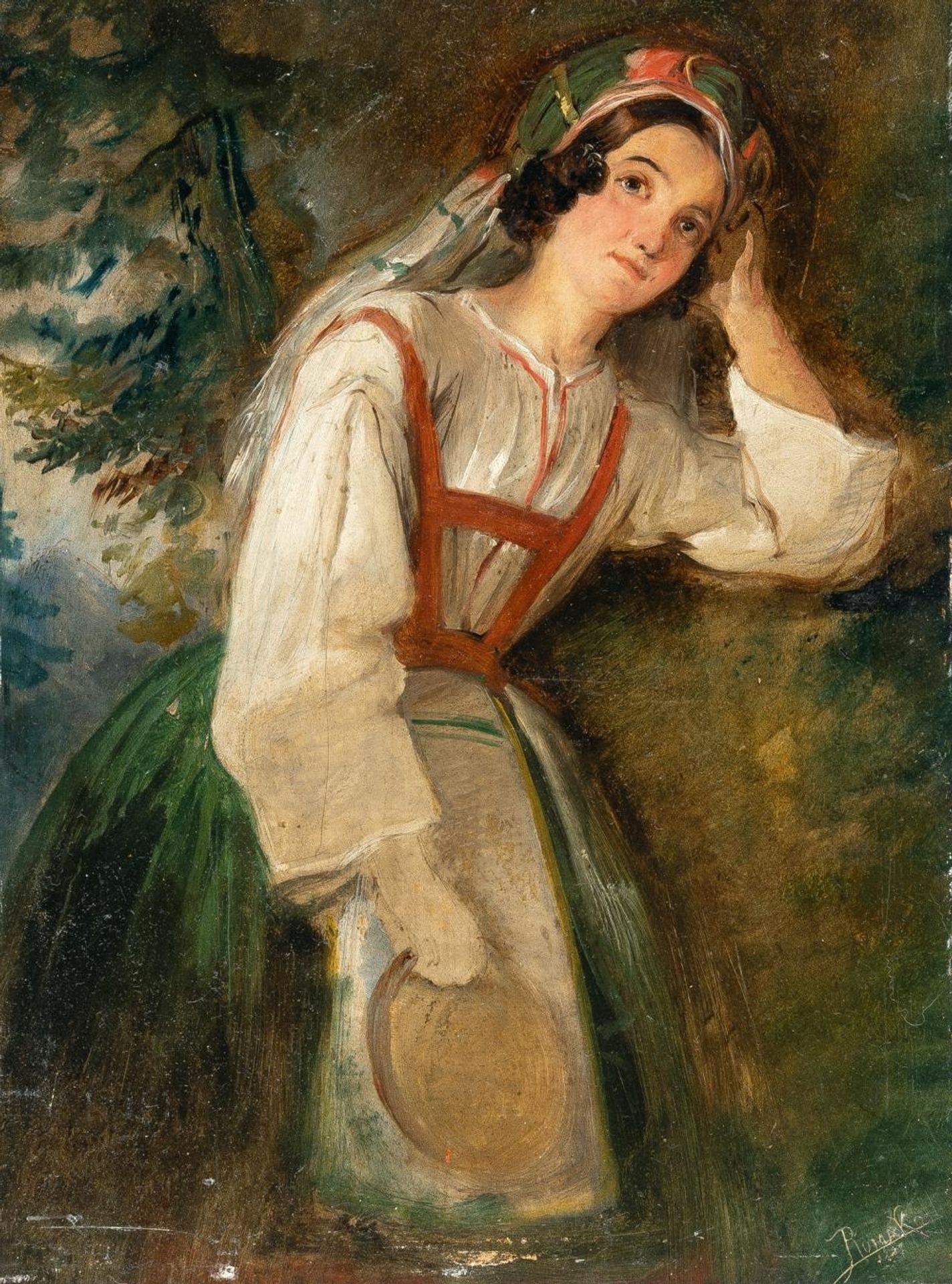 An Italian beauty with a tambourine by Anton Romako