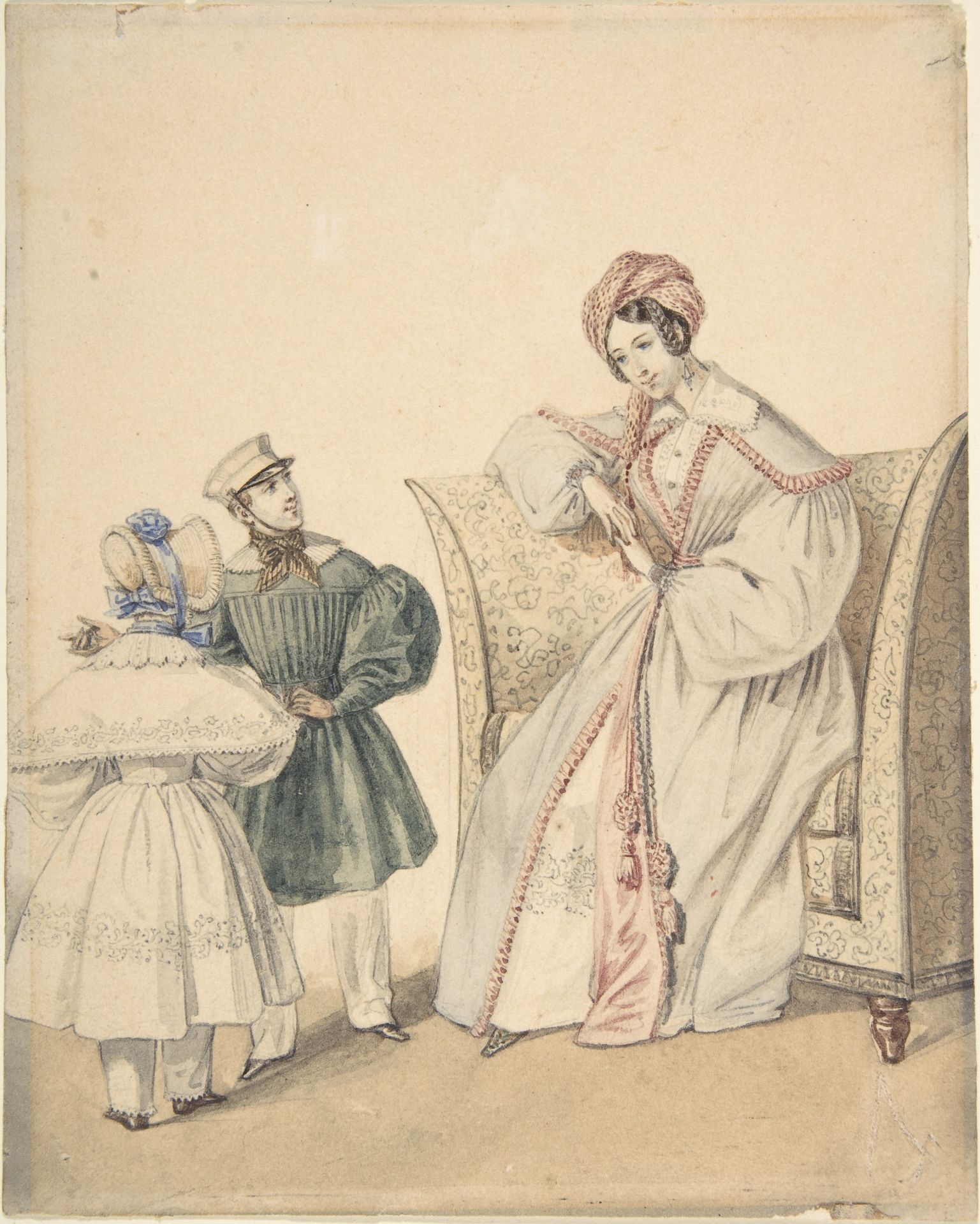 Fashion Drawing with a Woman Seated in a Chair with a Boy and Girl by Pierre-Numa Bassaget, called Numa