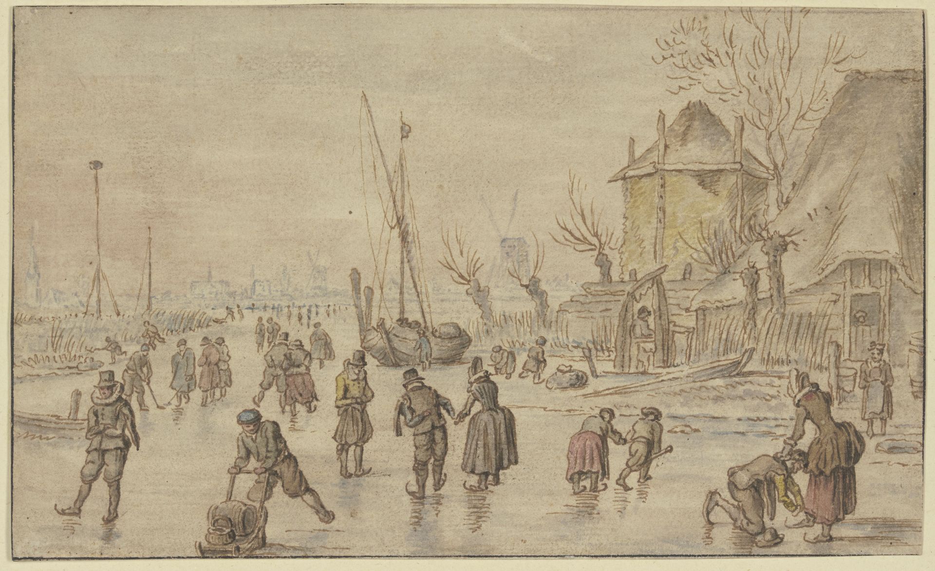 Winterlandschaft, auf dem Eis viele Schlittschuhläufer, rechts schnallt ein Mann einer Frau die Schlittschuhe an by Hendrick Avercamp