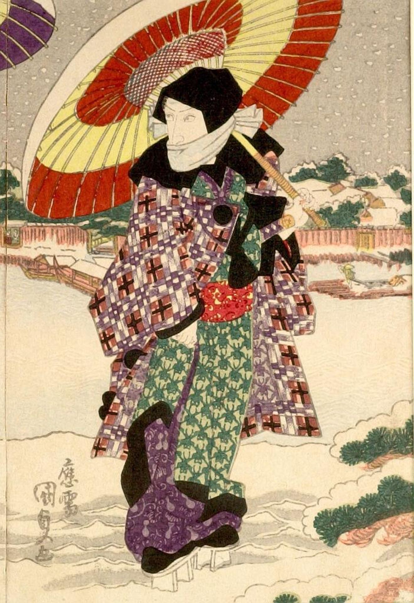 Actor Ichikawa DanjÅ«rÅ 7th on the Bank of the Sumida River, from an untitled series of actors on the theme of Snow, Moon and Flowers by Utagawa Kunisada