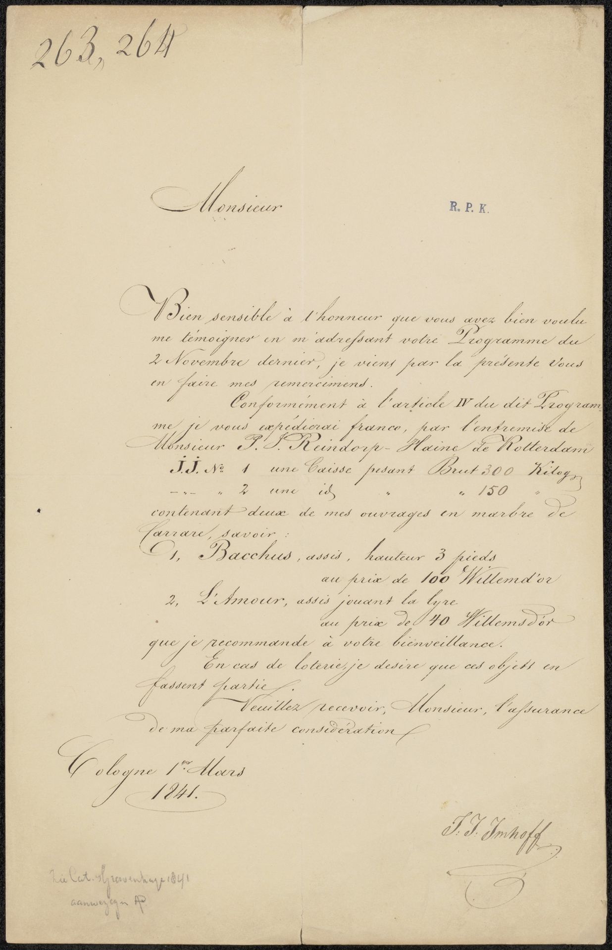 Brief aan de Commissie van de Tentoonstelling van Levende Meesters in Den Haag by Johann Joseph Imhoff