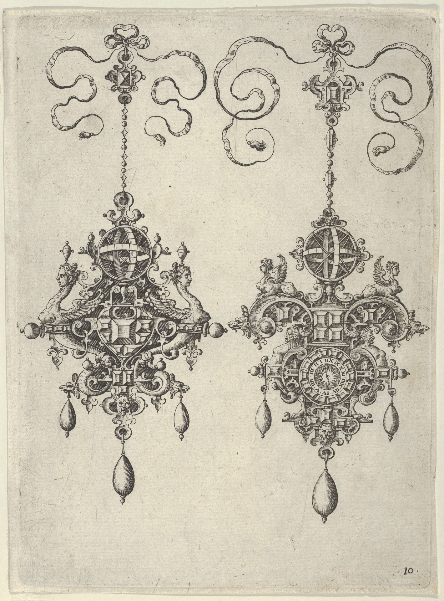Two Pendant Designs with Sun-Dials on Top by Jan Collaert I
