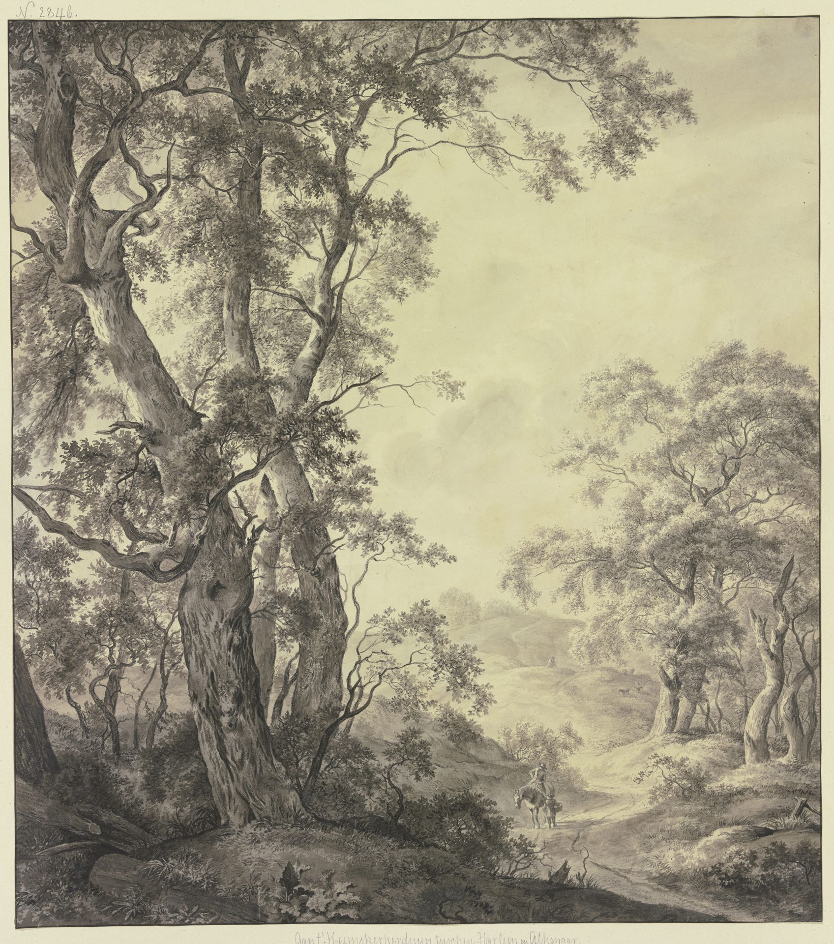 Zwischen Bäumen durch zieht ein Weg auf einen Hügel, auf demselben ein Reiter im Gespräch mit einem Fußgänger by Franciscus Andreas Milatz