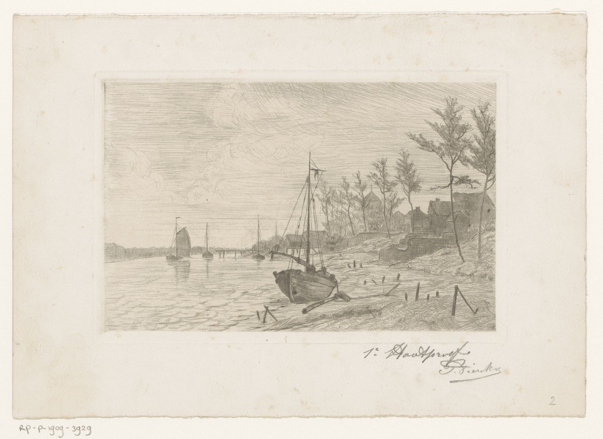 Dorp aan een rivier met een boot langs de oever by Pierre Jacques Dierckx