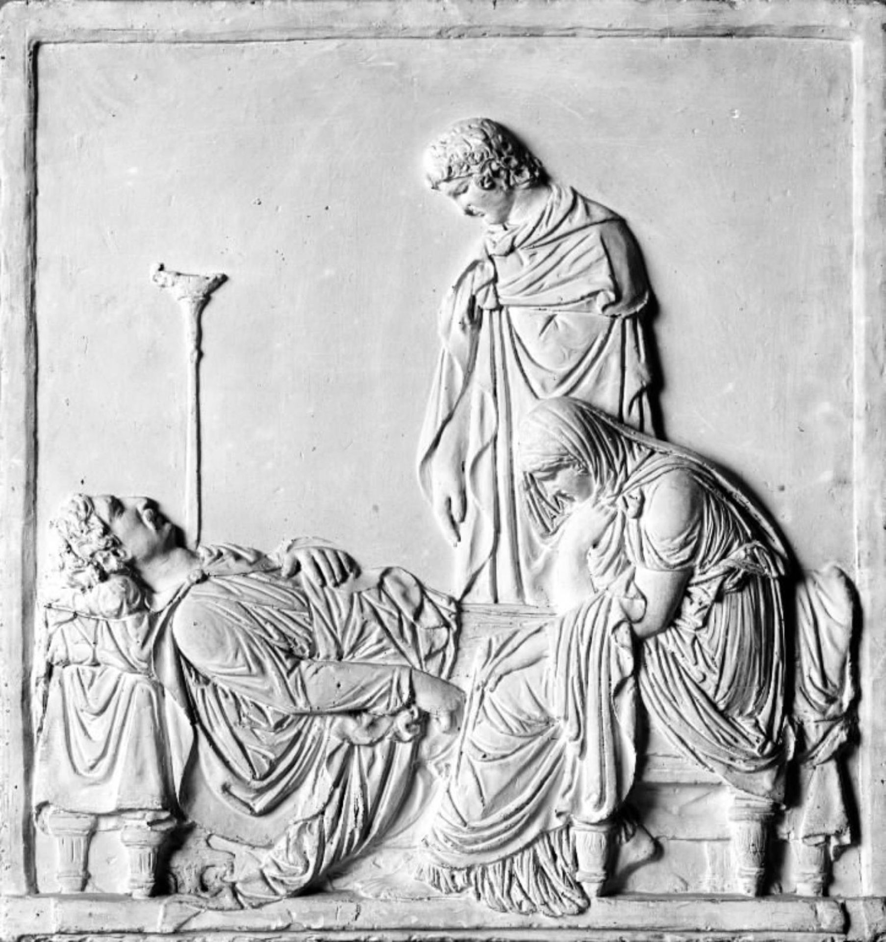 Afskeden. En stående og en siddende skikkelse ved et dødsleje by Hermann Ernst Freund