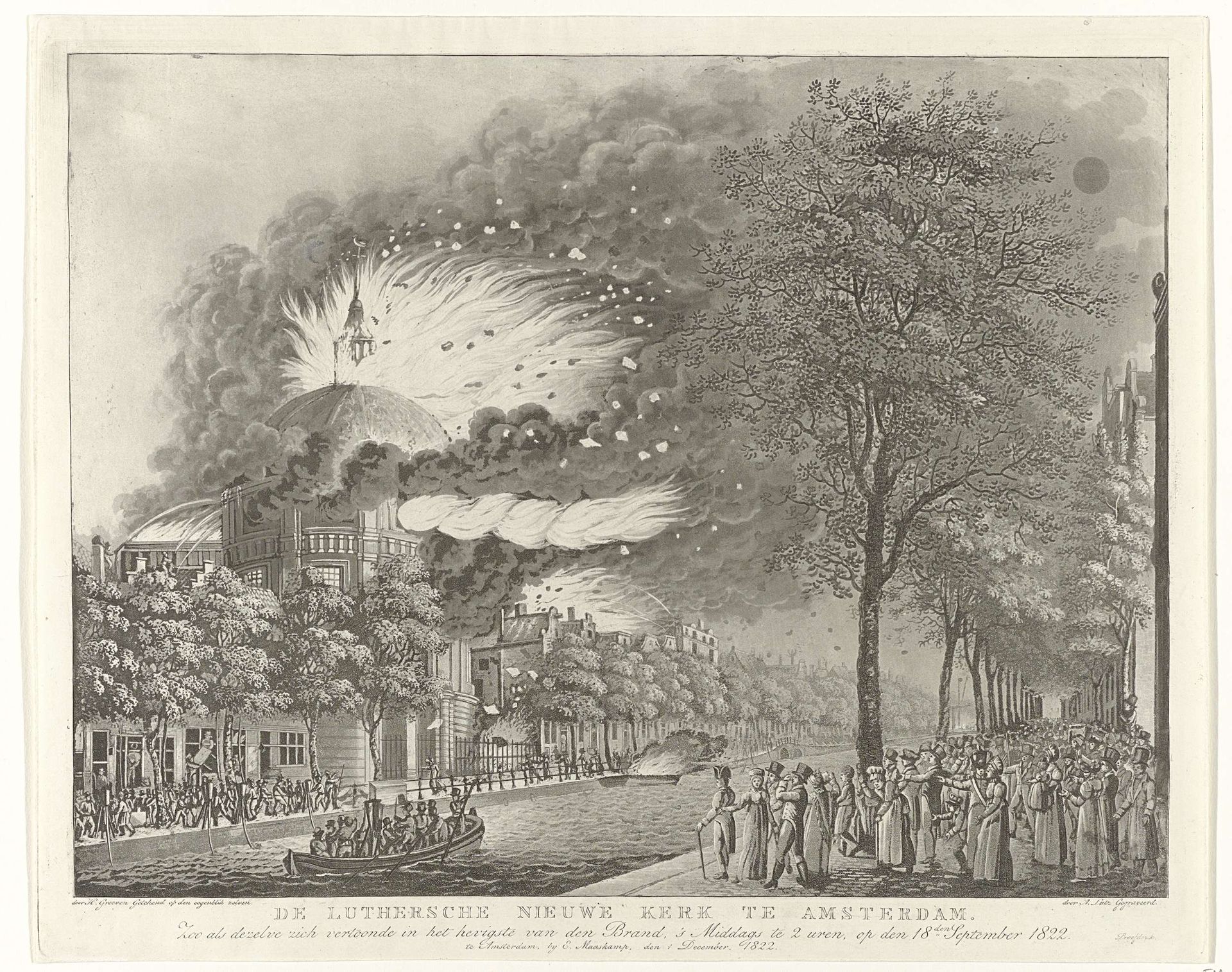 Nieuwe Lutherse Kerk te Amsterdam tijdens de brand van 1822 by A. Lutz