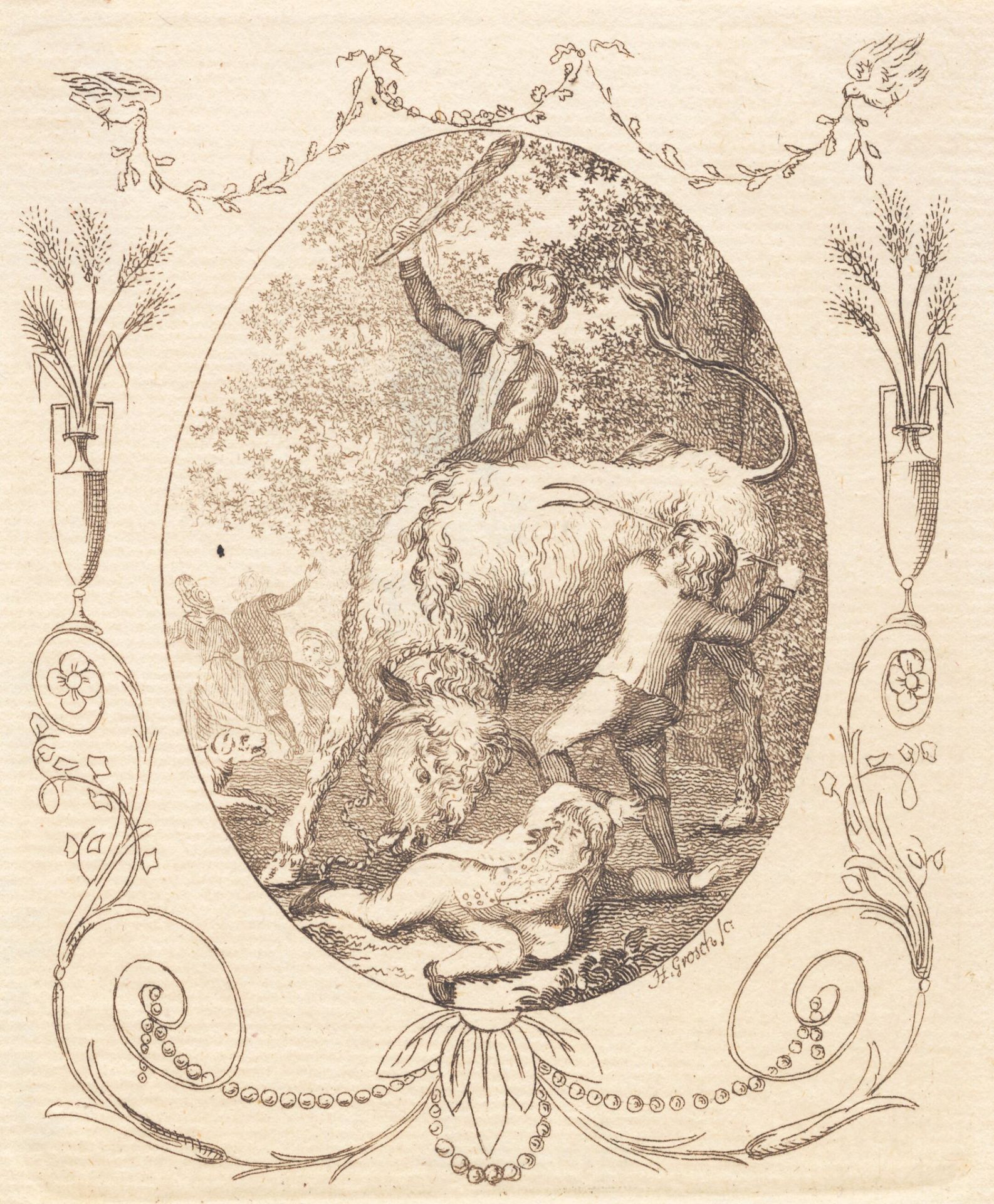 En tyr stanger efter en liggende dreng, som to kammerater søger at hjælpe by Heinrich Grosch