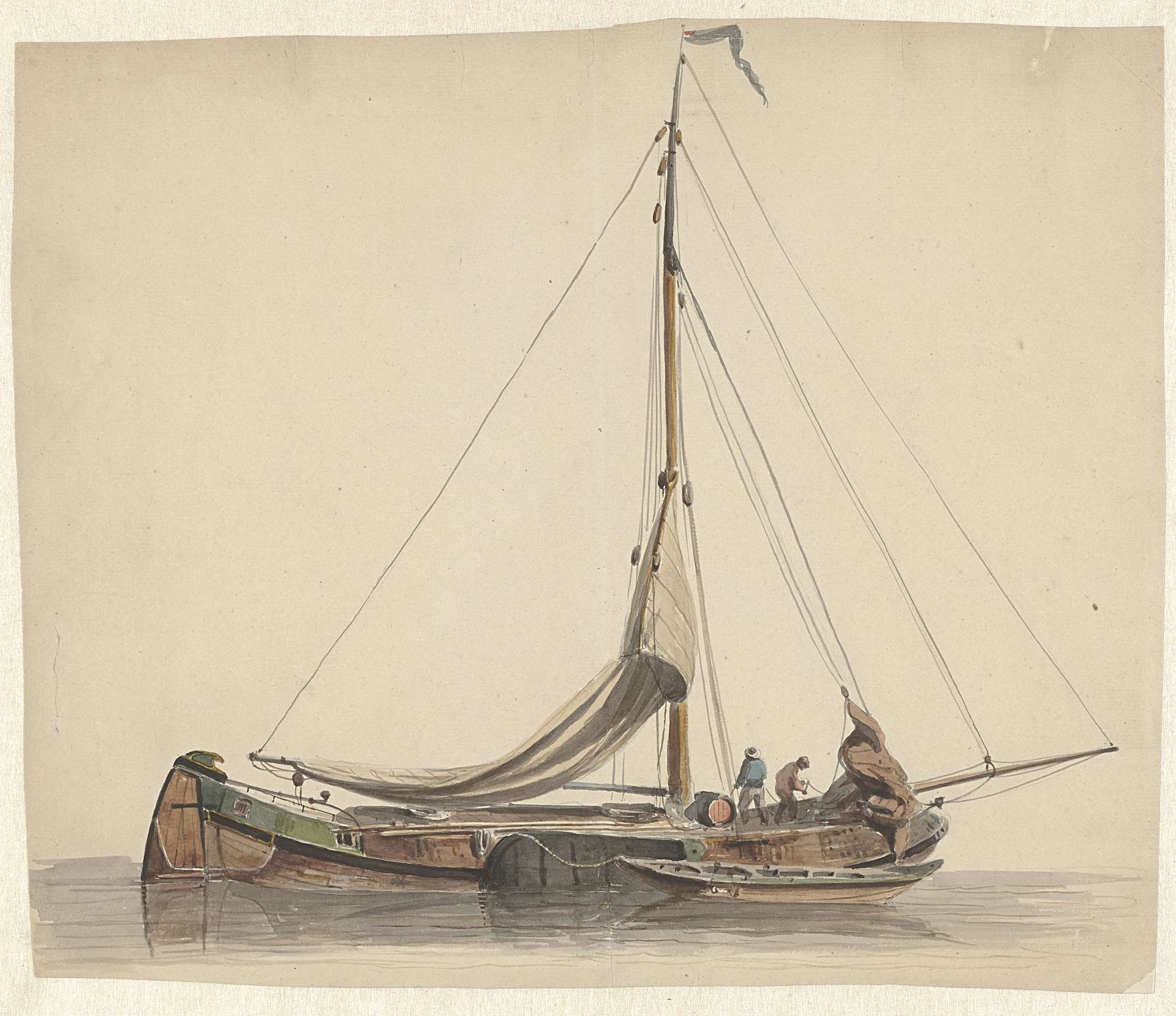 Twee mannen werkend op een platbodem met gestreken zeilen by Adrianus Eversen