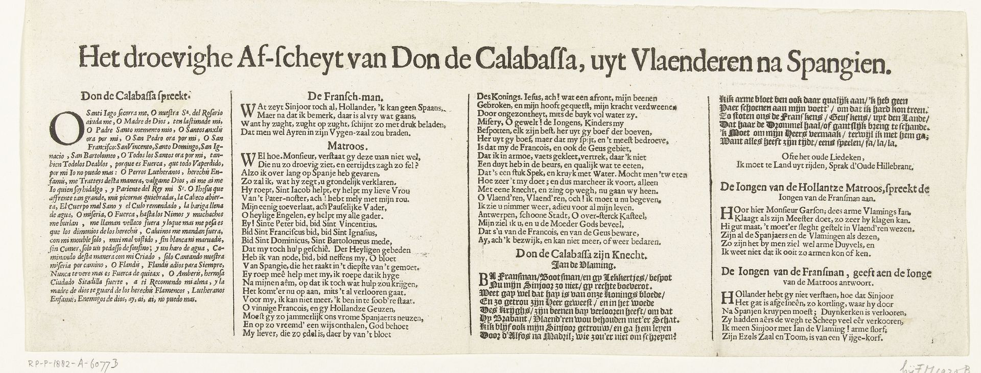 Tekstblad bij de prent van het droevig afscheid van Don de Calabassa uit Vlaanderen en terugkeer naar Spanje, 1646 by Anonymous