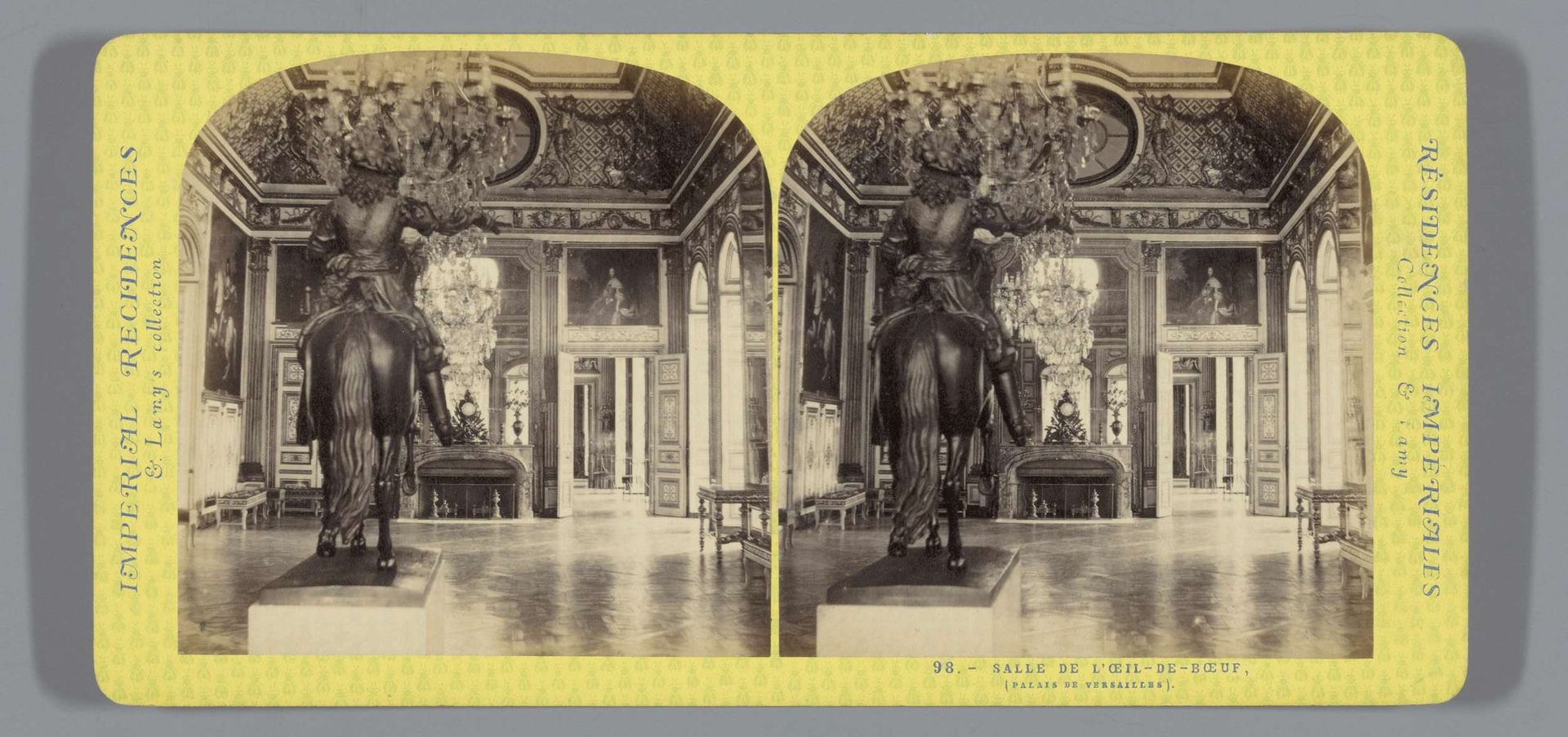 Interieur van een zaal met een ruiterstandbeeld in het paleis van Versailles by Ernest Eléonor Pierre Lamy