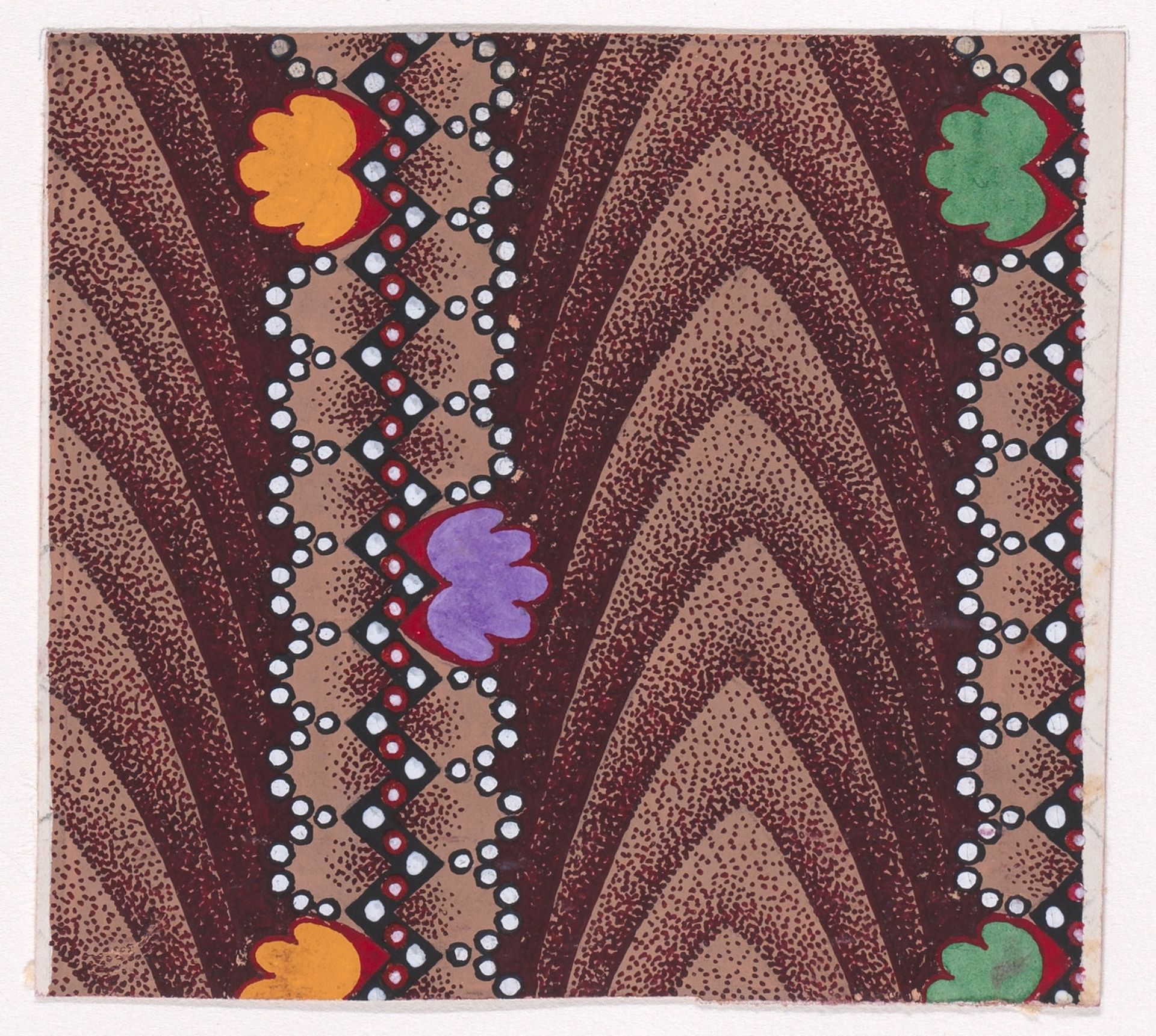 Textile Design with Vertical Ribbons Framed by Undulating Strips of Pearls and with a Zig-Zagging Strip of Pearls with Alternating Rosettes Separated by Vertical Strips of Overlapping Scales by Anonymous