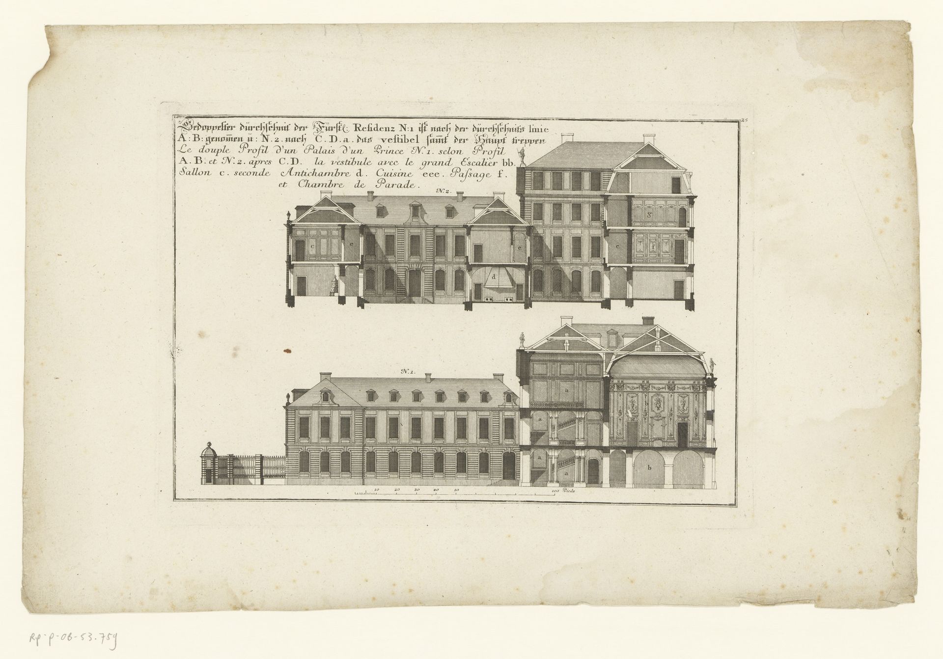 Zijaanzicht en doorsnede van een residentie by Johann Georg Ringlin