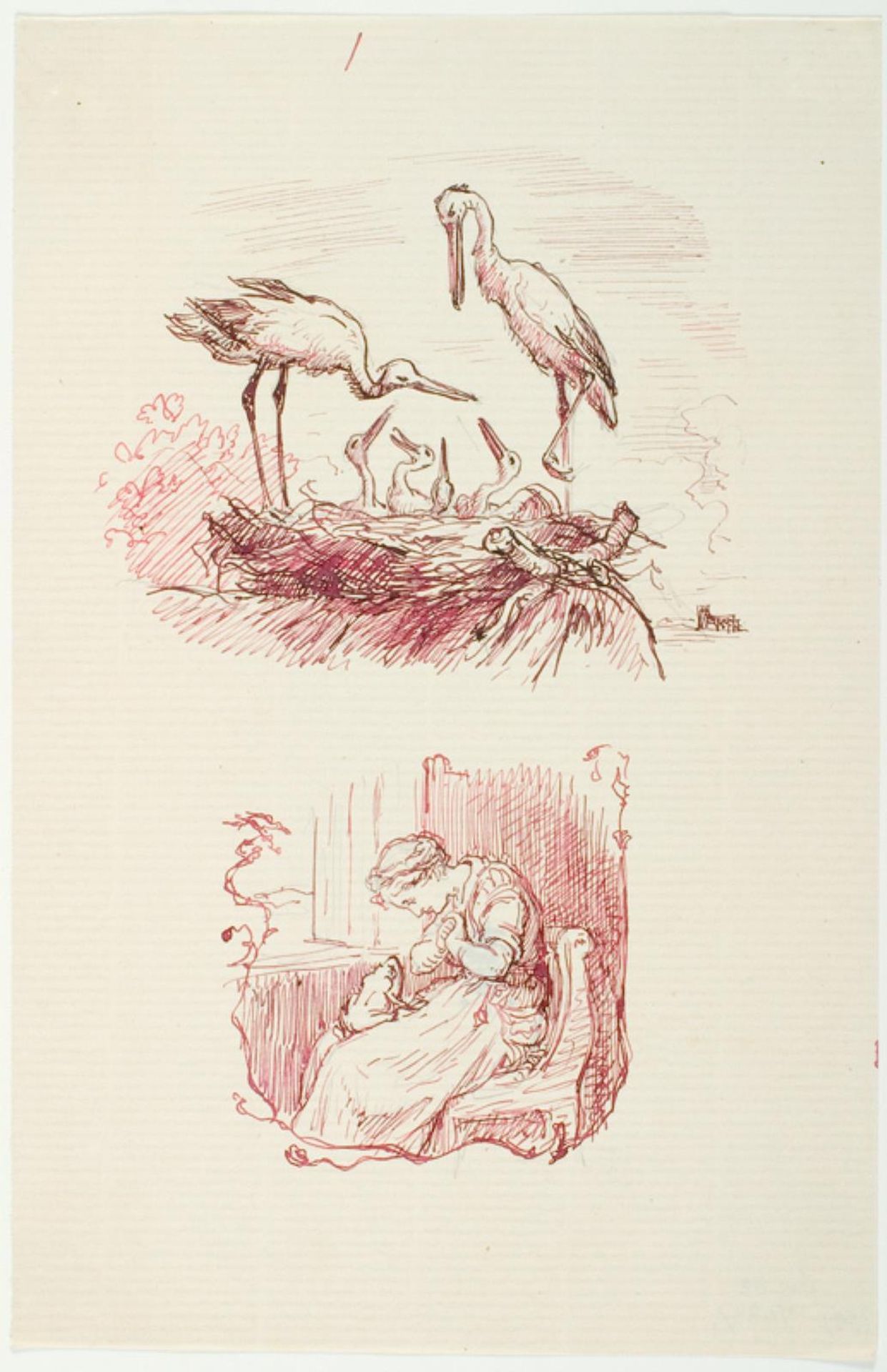 Storke og siddende kvinde med en frø på skødet. Antagelig illustrationsudkast til H.C. Andersen, "Dynd-Kongens Datter" by Lorenz Frølich