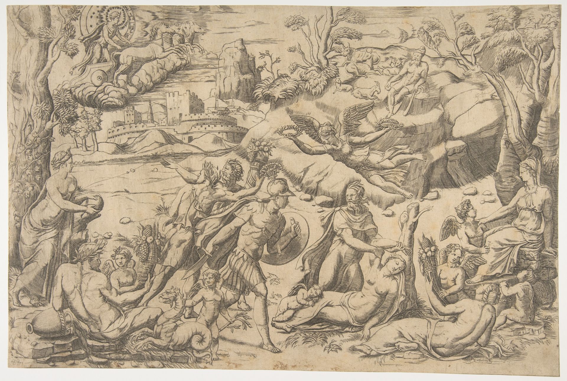 Mars and Rhea Silvia: in the centre Mars holds a shield and sword, Rhea Silvia sleeping, Apollo in his chariot upper left by Giulio Bonasone