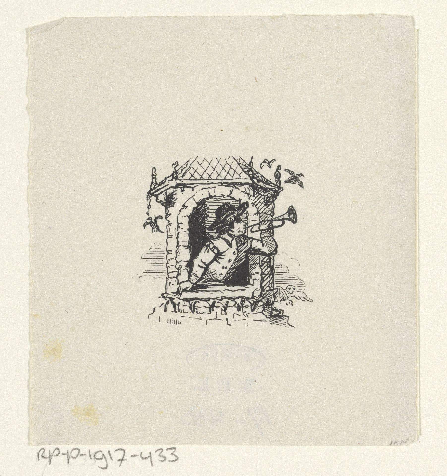 Man leunt uit een torenraam en blaast op een trompet by Rombertus Julianus van Arum