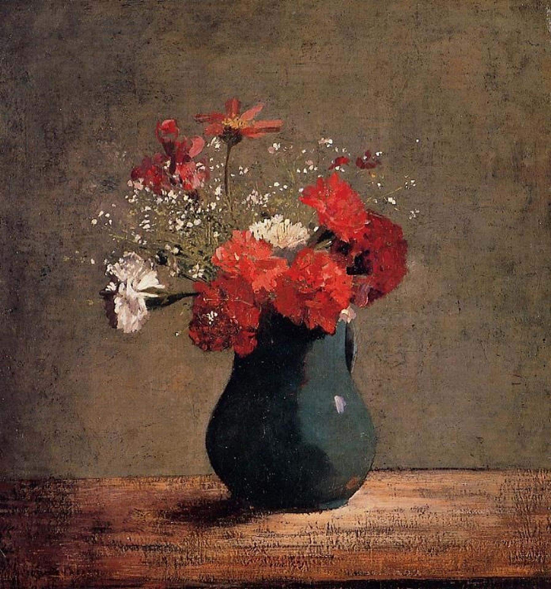 Carnations and baby's breath in a green pitcher by Odilon Redon