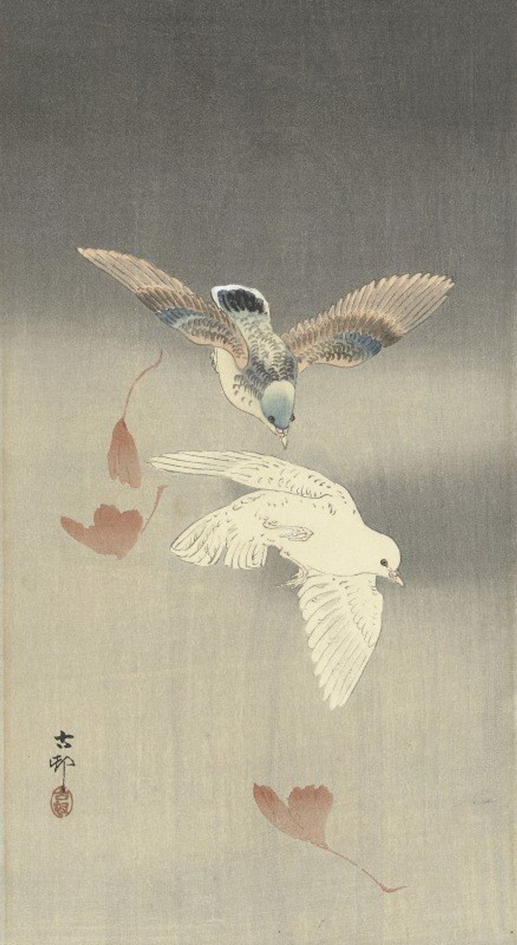 Two pigeons with falling ginkgo leaves by Ohara Koson