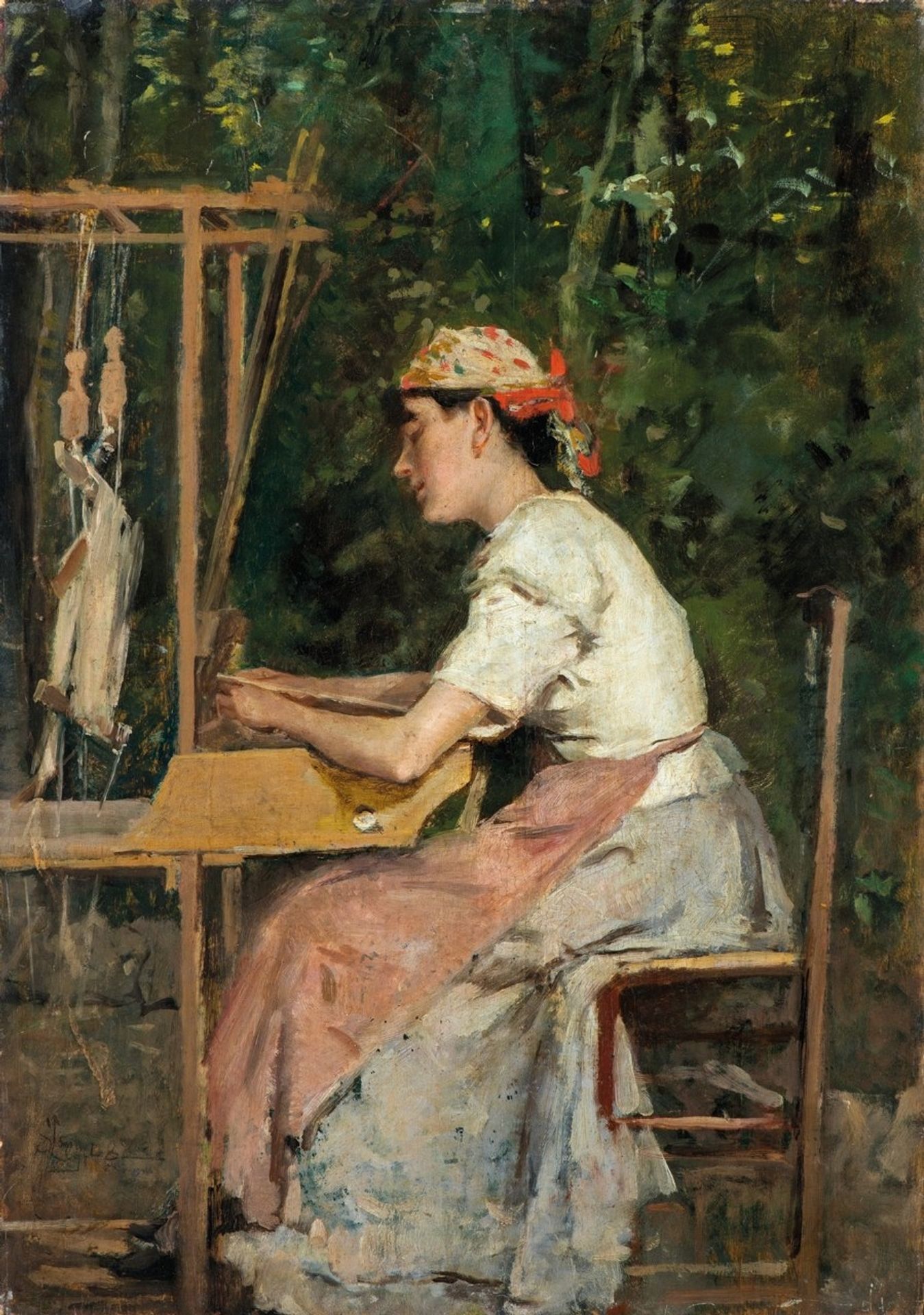 The stitcher of lace trimmings for women's dresses by Silvestro Lega