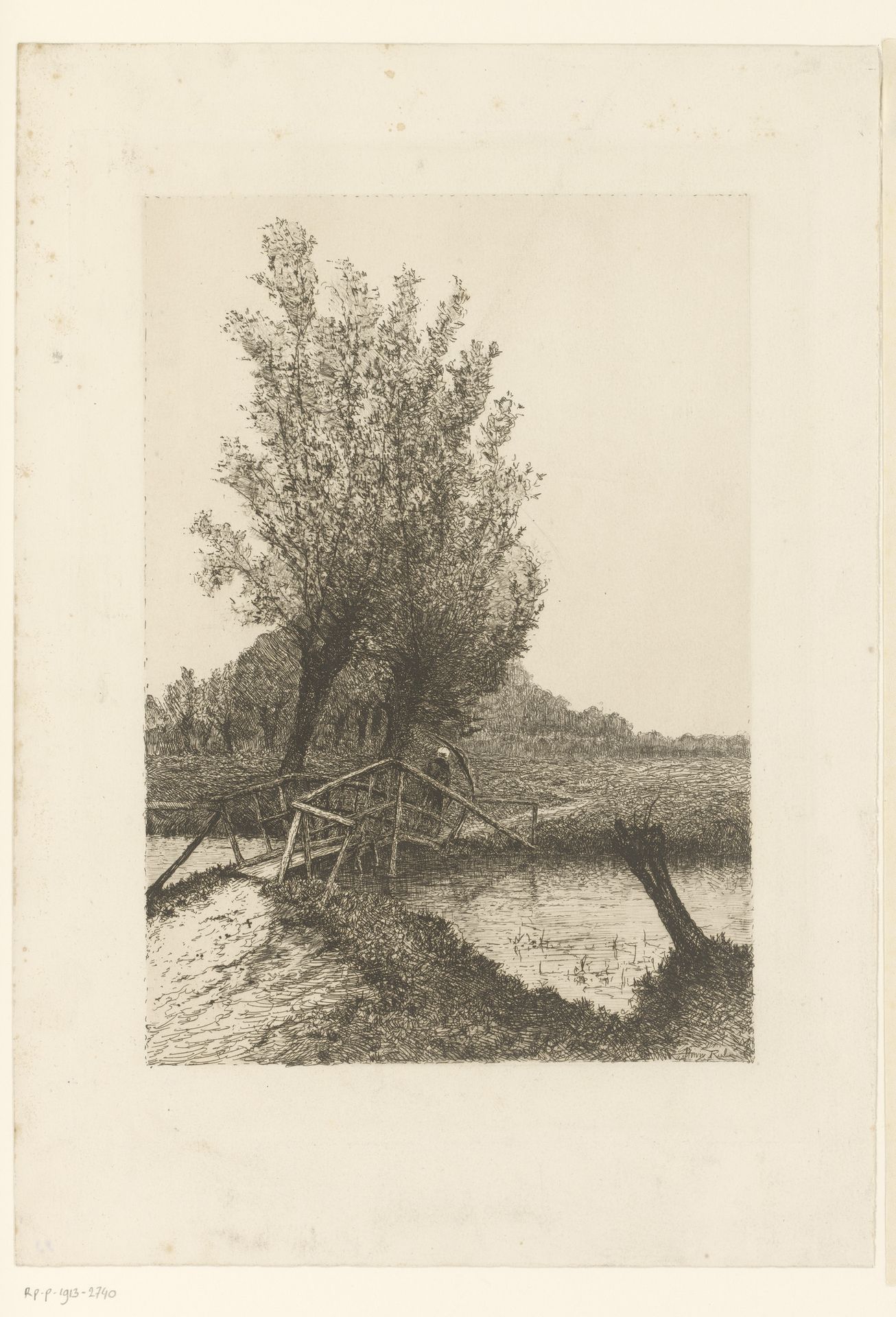 Figuur met paraplu loopt over een brug by Henri Rul
