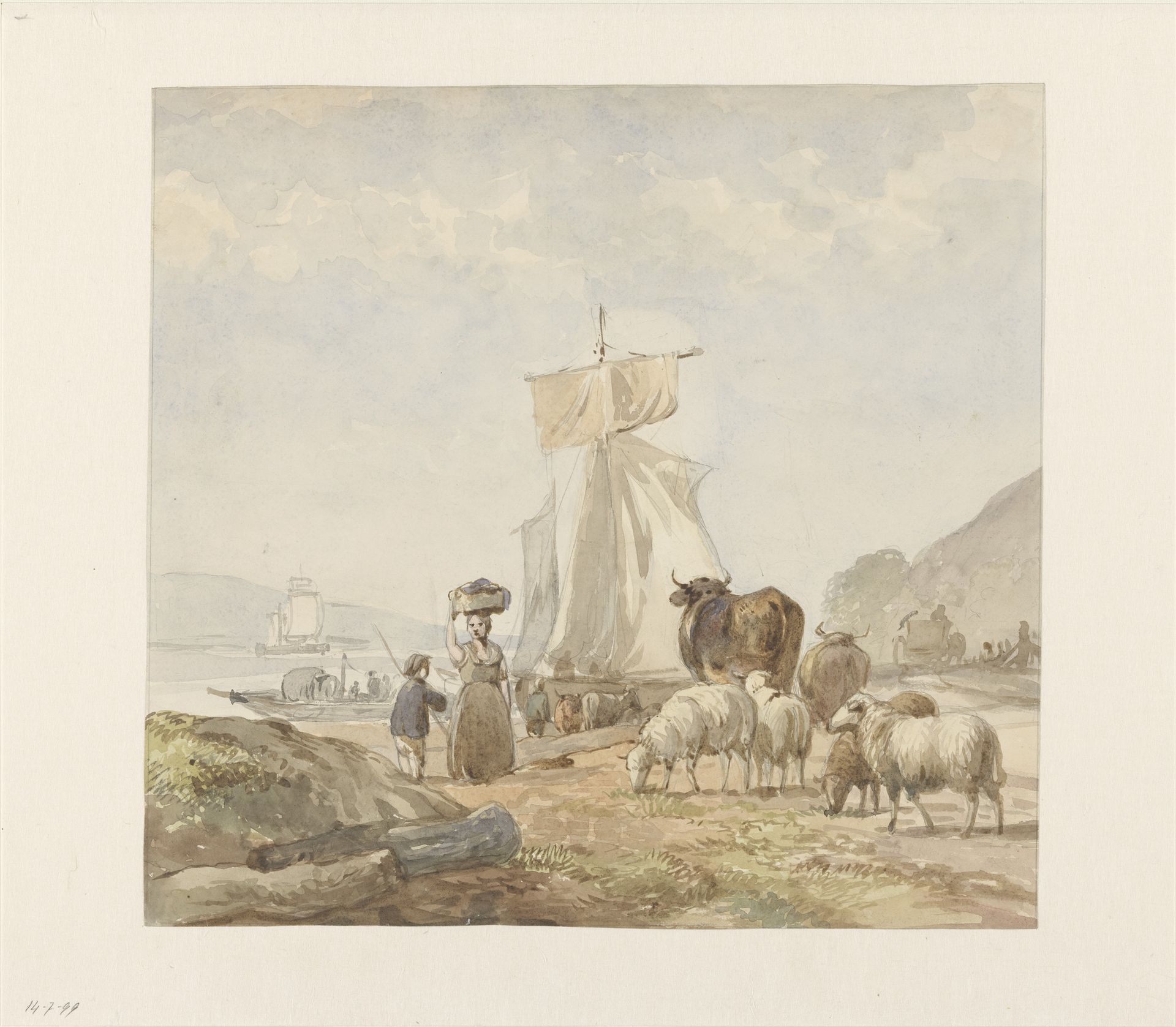 Figuren met vee bij rivieroever met veerboot by Julius Jacobus van de Sande Bakhuyzen