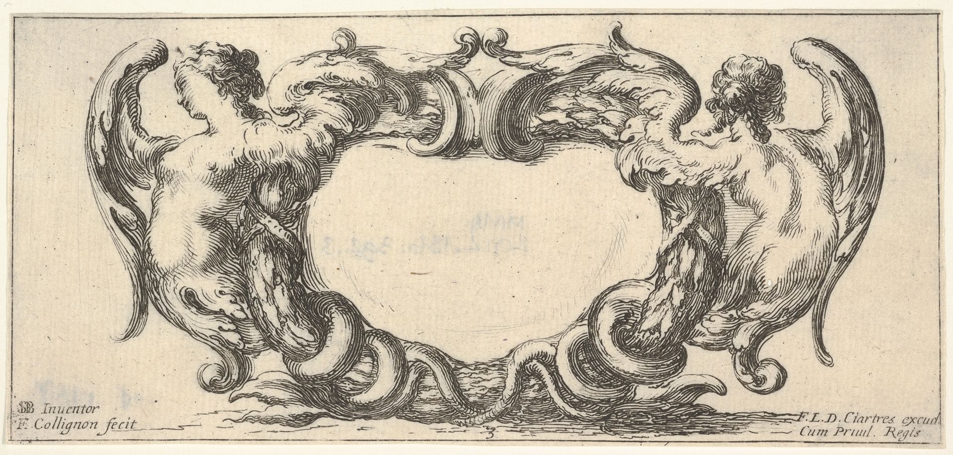 Plate 3: a cartouche with a woman with wings ending in a serpent's tail to left, seen from the front, a similar woman seen from the back to right, from 'Twelve cartouches' (Recueil de douze cartouches) by François Collignon