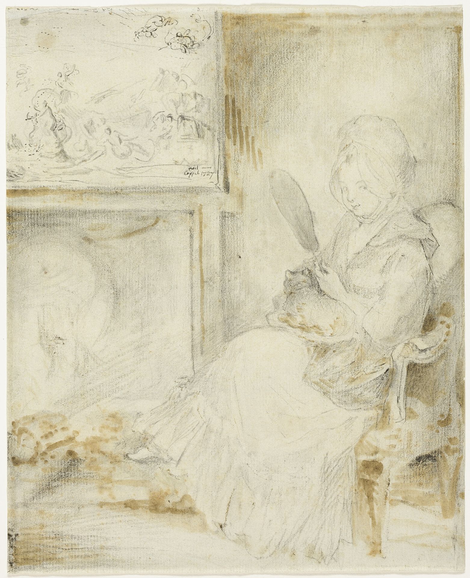 Woman Seated Holding a Cat on Her Knees by Gabriel de Saint-Aubin