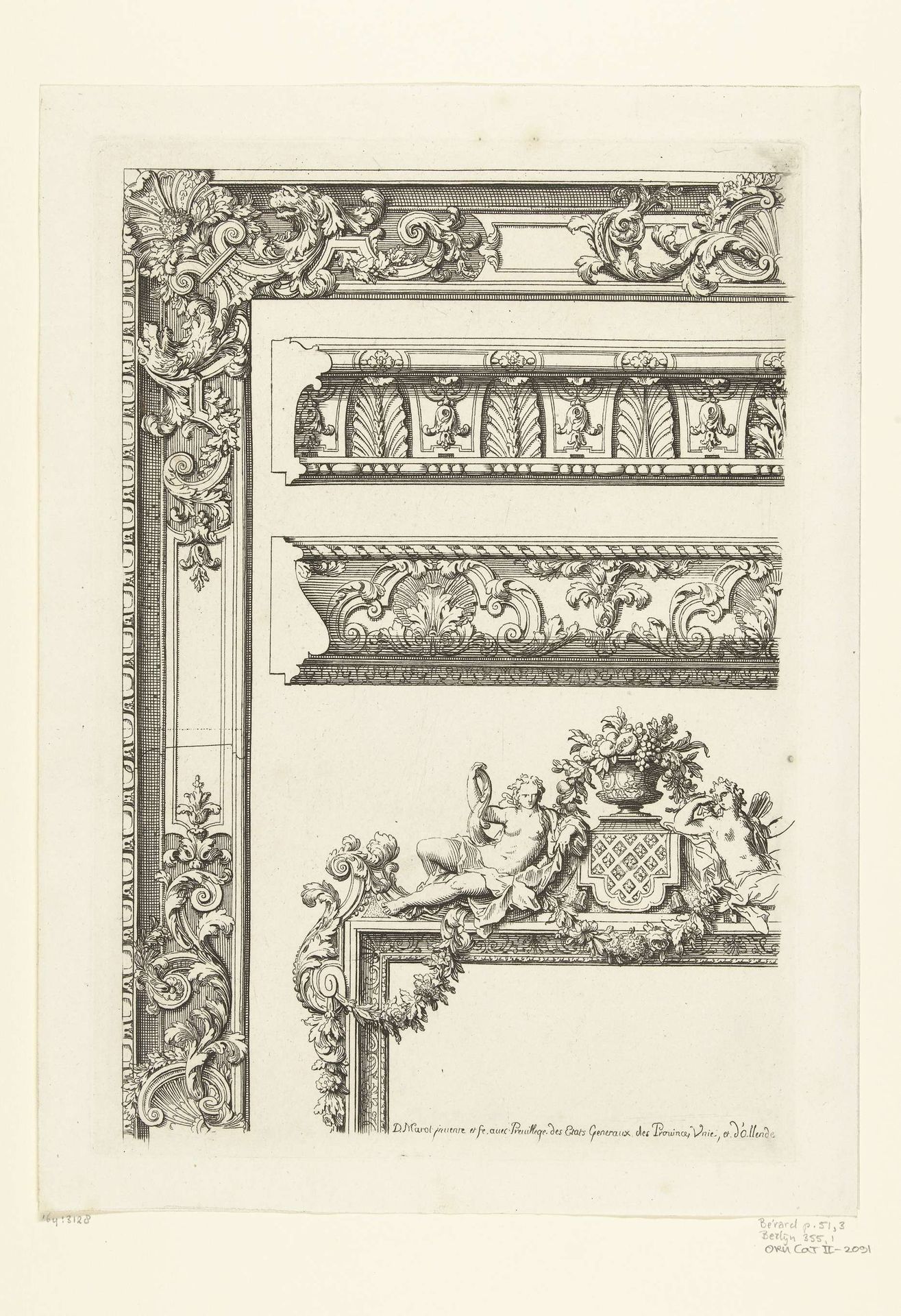Drie delen van kroonlijsten en deel van spiegellijst by Daniël (I) Marot