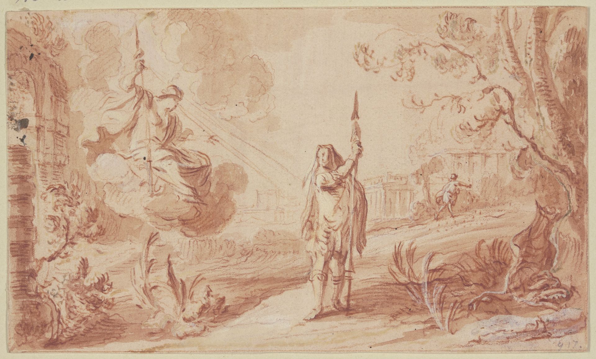 Ein Krieger vor einer Göttin auf Wolken by Pieter Tanjé