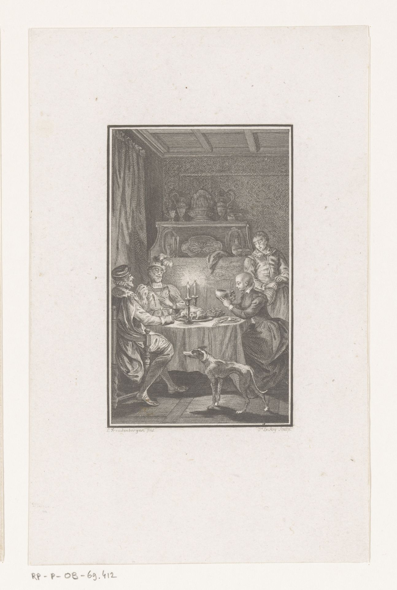 Twee mannen en een kale vrouw met schedel aan een door kaarsen verlichte tafel by Jacques Le Roy