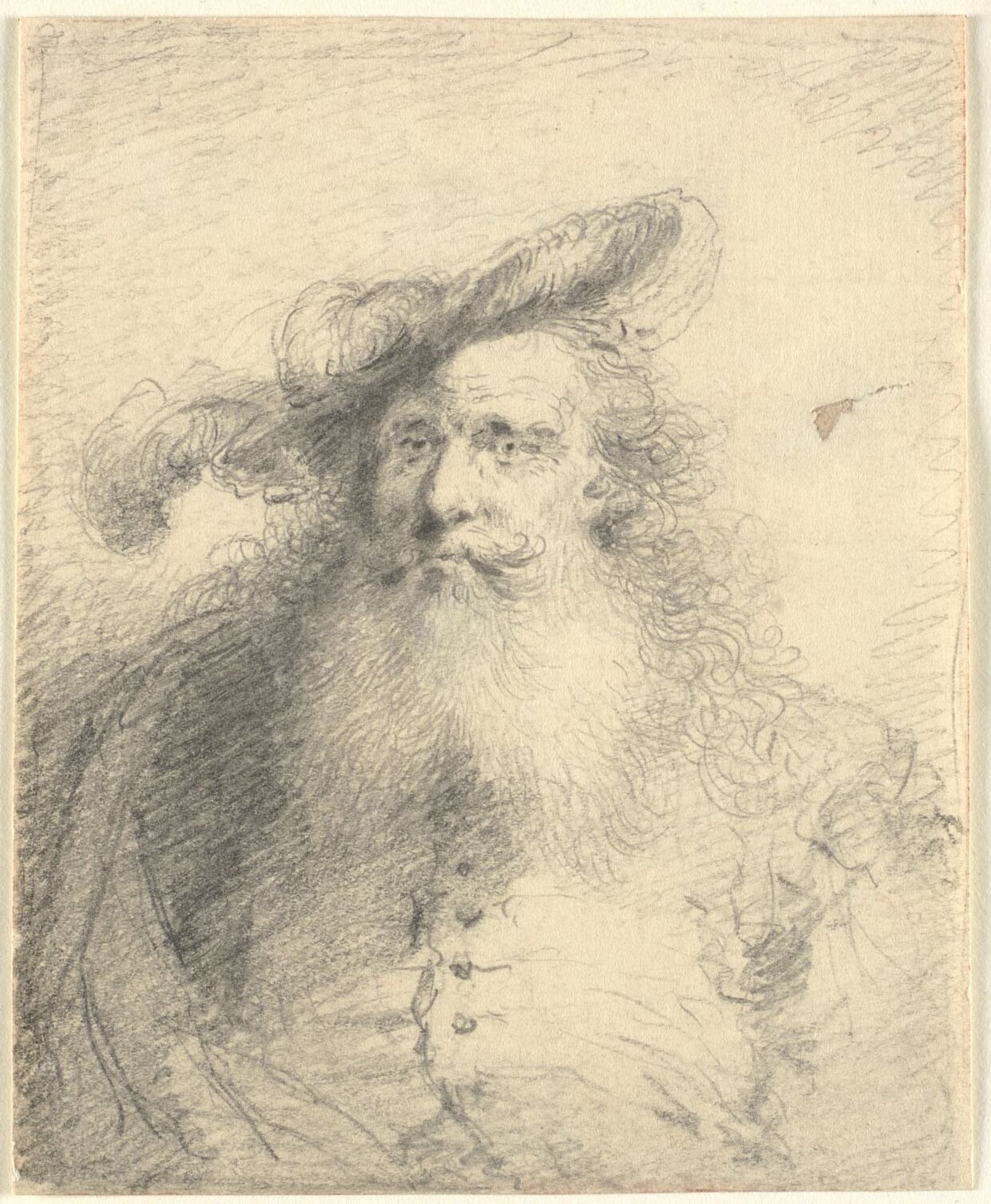 Head and shoulder portrait of a bearded man with a feathered hat by Thomas Worlidge